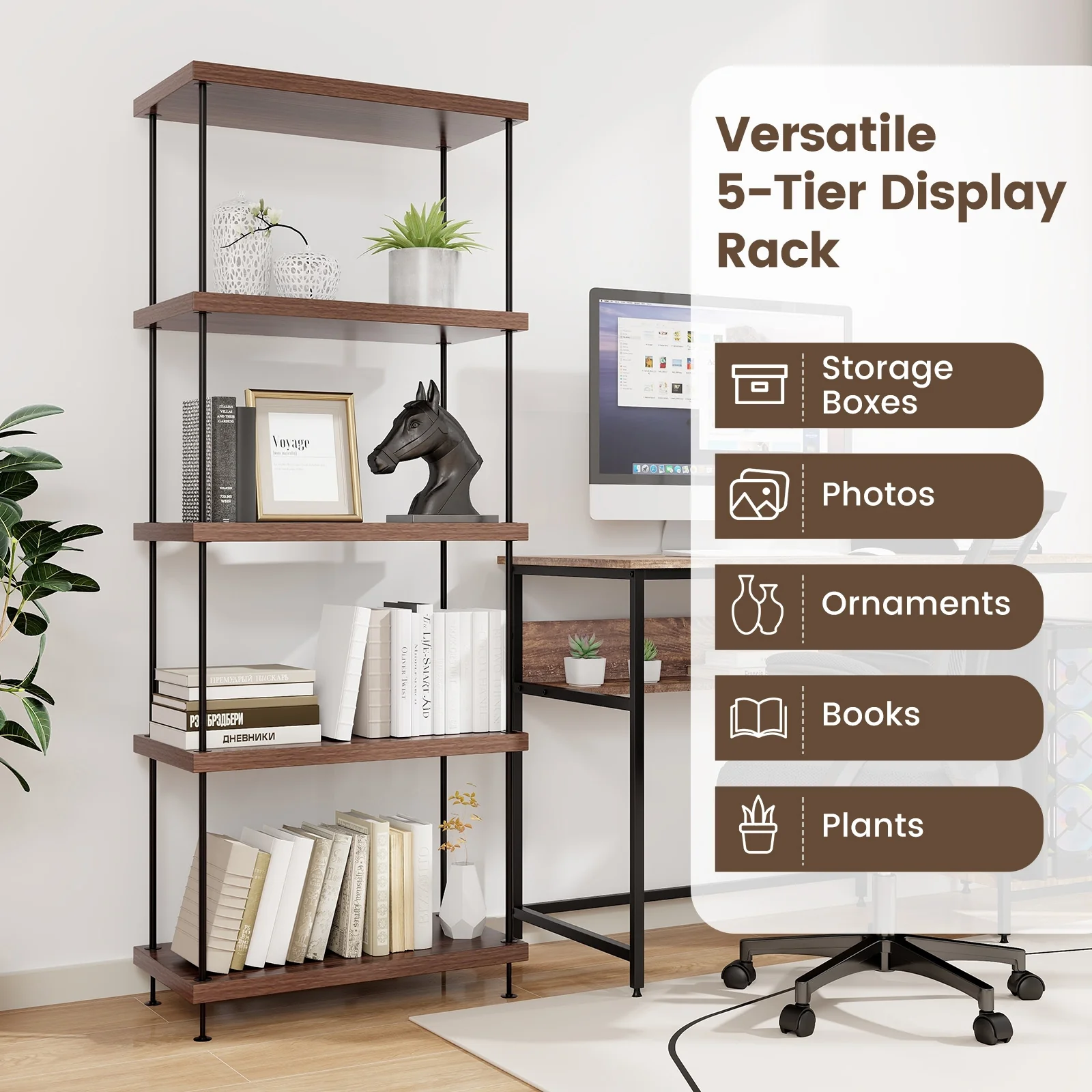 5-Tier Multipurpose Display Rack, Metal Frame, Walnut - Image 8
