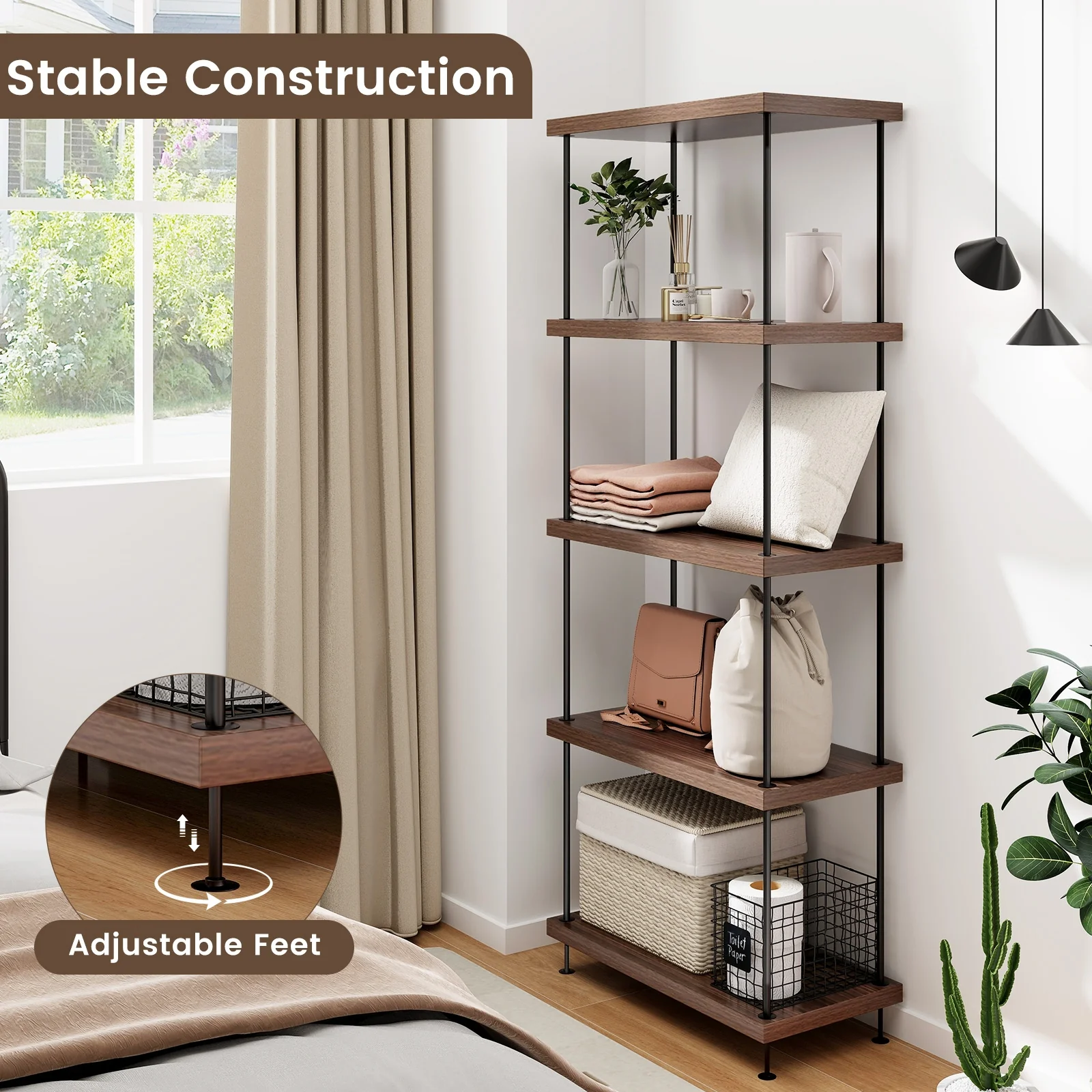 5-Tier Multipurpose Display Rack, Metal Frame, Walnut - Image 9