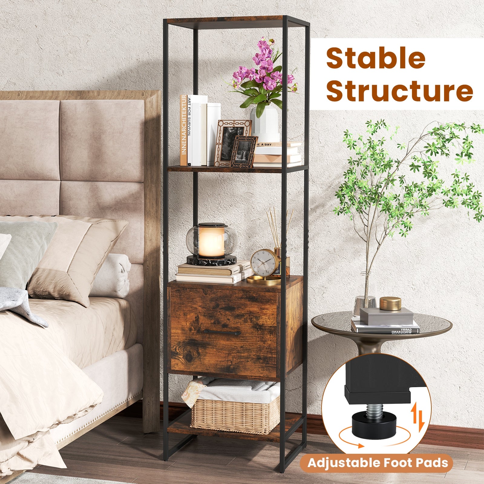 5-Tier Narrow Bookcase, 4 Open Shelves, Storage Drawer, Rustic Brown - Image 10