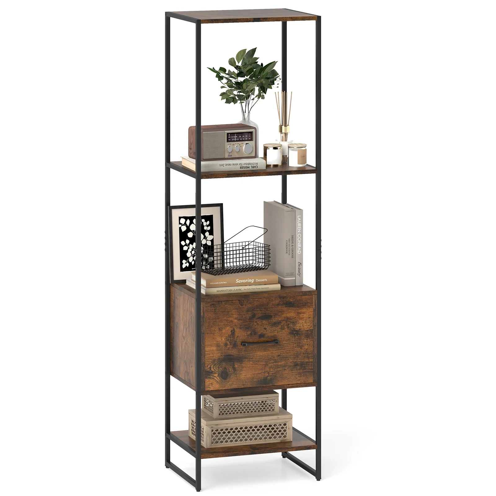 5-Tier Narrow Bookcase, 4 Open Shelves, Storage Drawer, Rustic Brown - Image 5