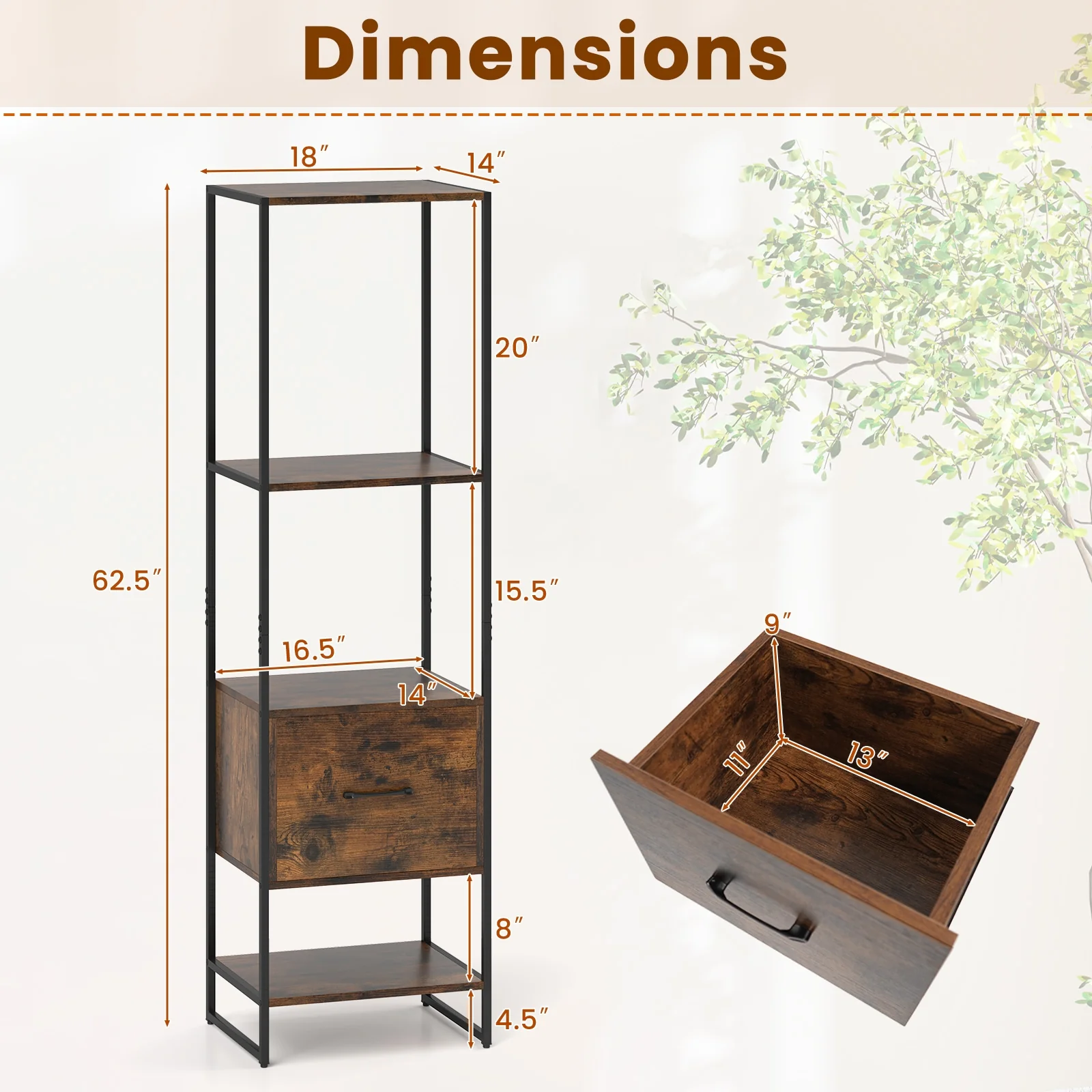 5-Tier Narrow Bookcase, 4 Open Shelves, Storage Drawer, Rustic Brown - Image 6
