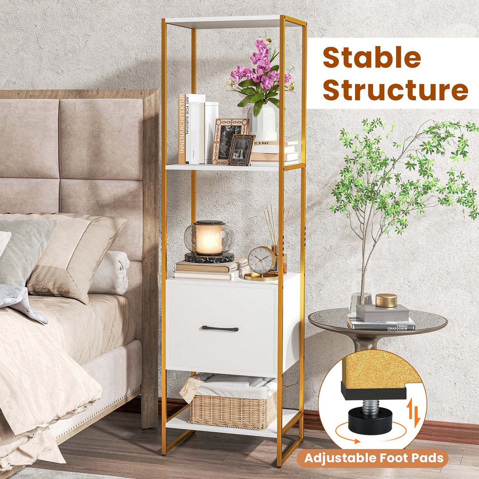 5-Tier Narrow Bookcase, 4 Open Shelves, Storage Drawer, White - Image 10