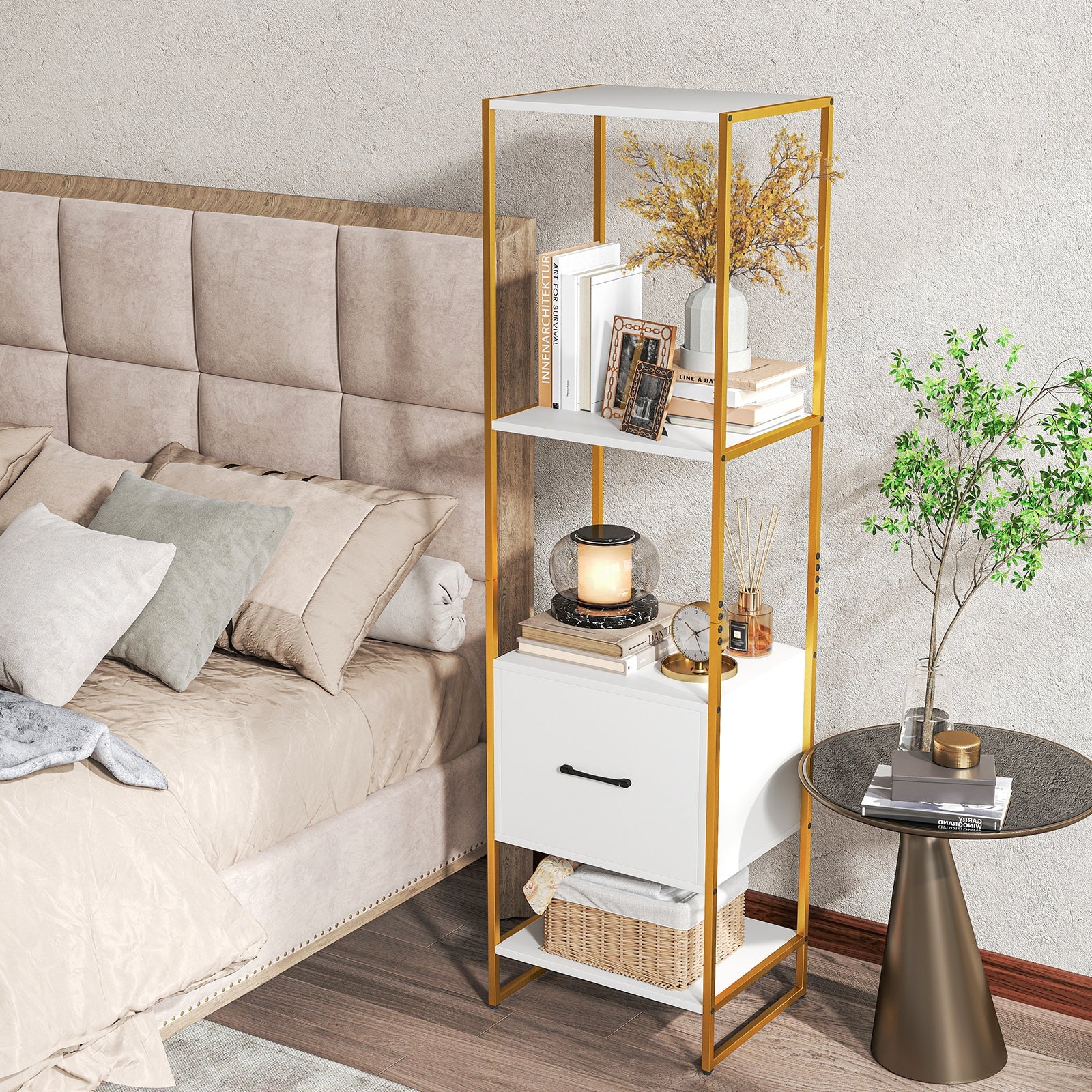5-Tier Narrow Bookcase, 4 Open Shelves, Storage Drawer, White - Image 3