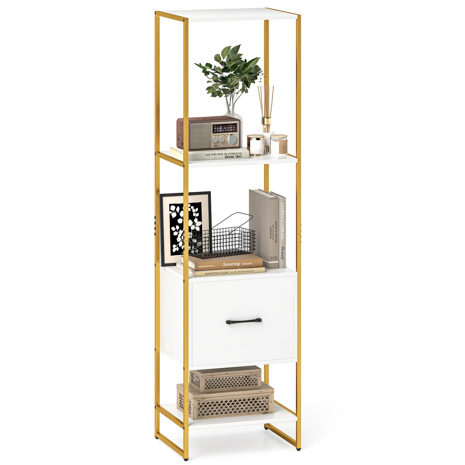 5-Tier Narrow Bookcase, 4 Open Shelves, Storage Drawer, White - Image 5