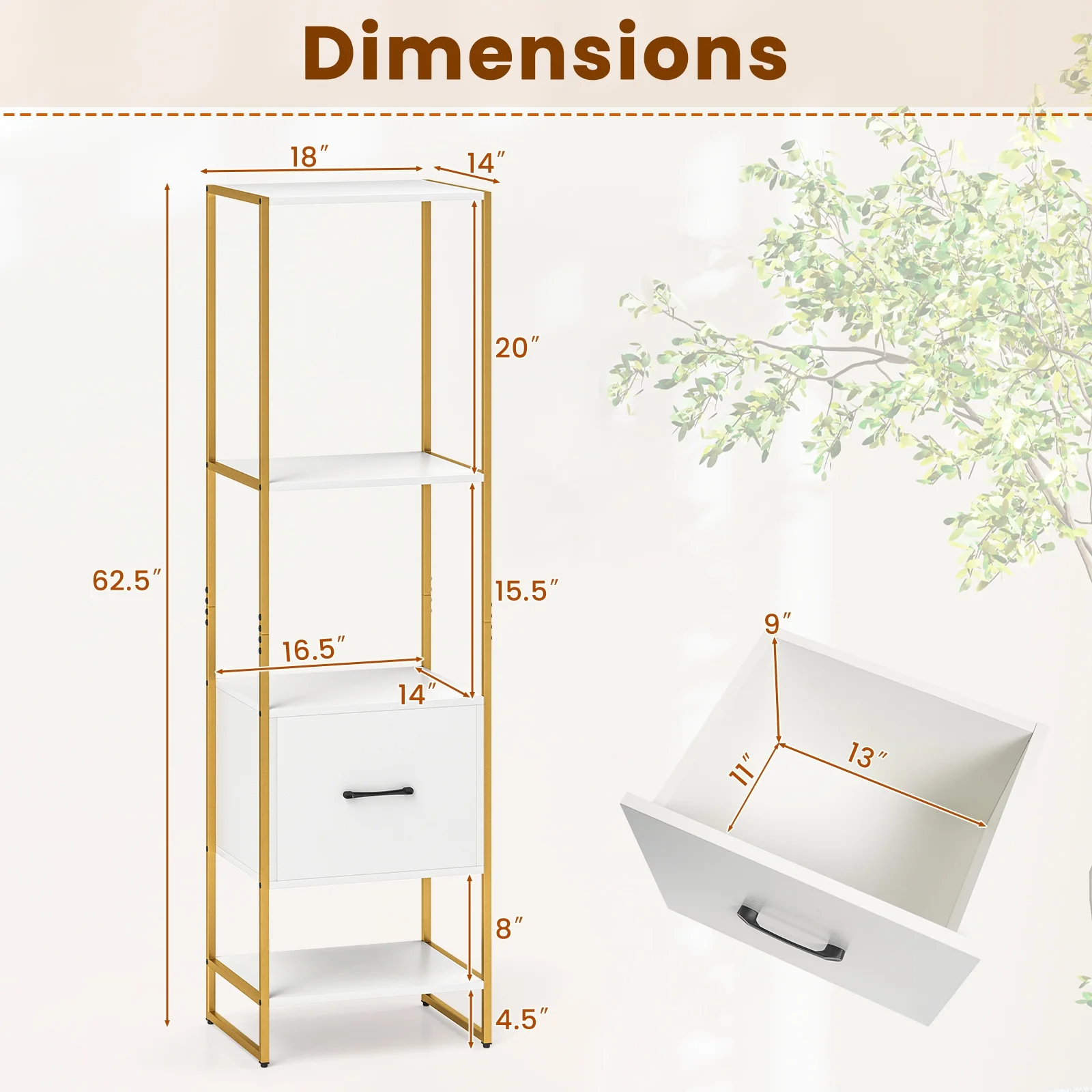 5-Tier Narrow Bookcase, 4 Open Shelves, Storage Drawer, White - Image 6