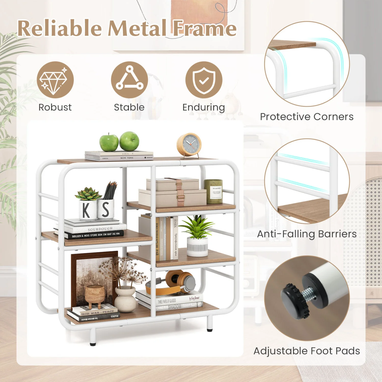 5-Tier Open Book Shelf, Metal Frame, Natural - Image 9