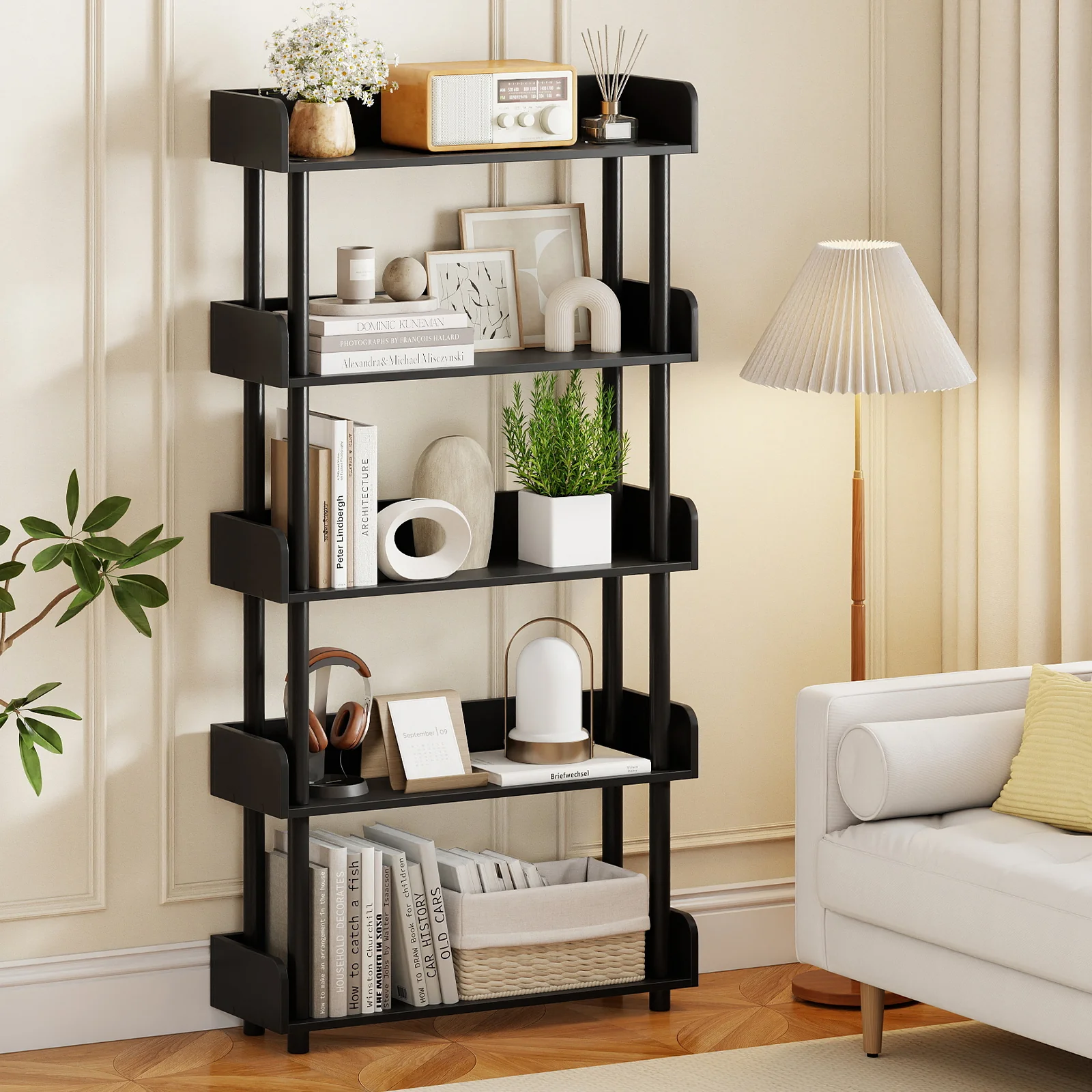 5-Tier Open Bookcase with Industrial Storage, Black - Image 2