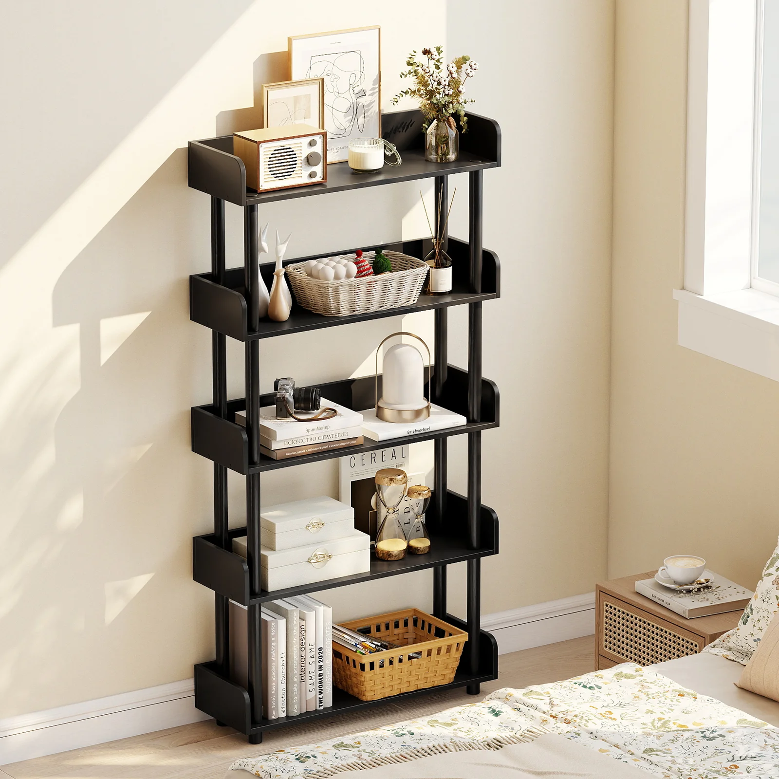 5-Tier Open Bookcase with Industrial Storage, Black - Image 3