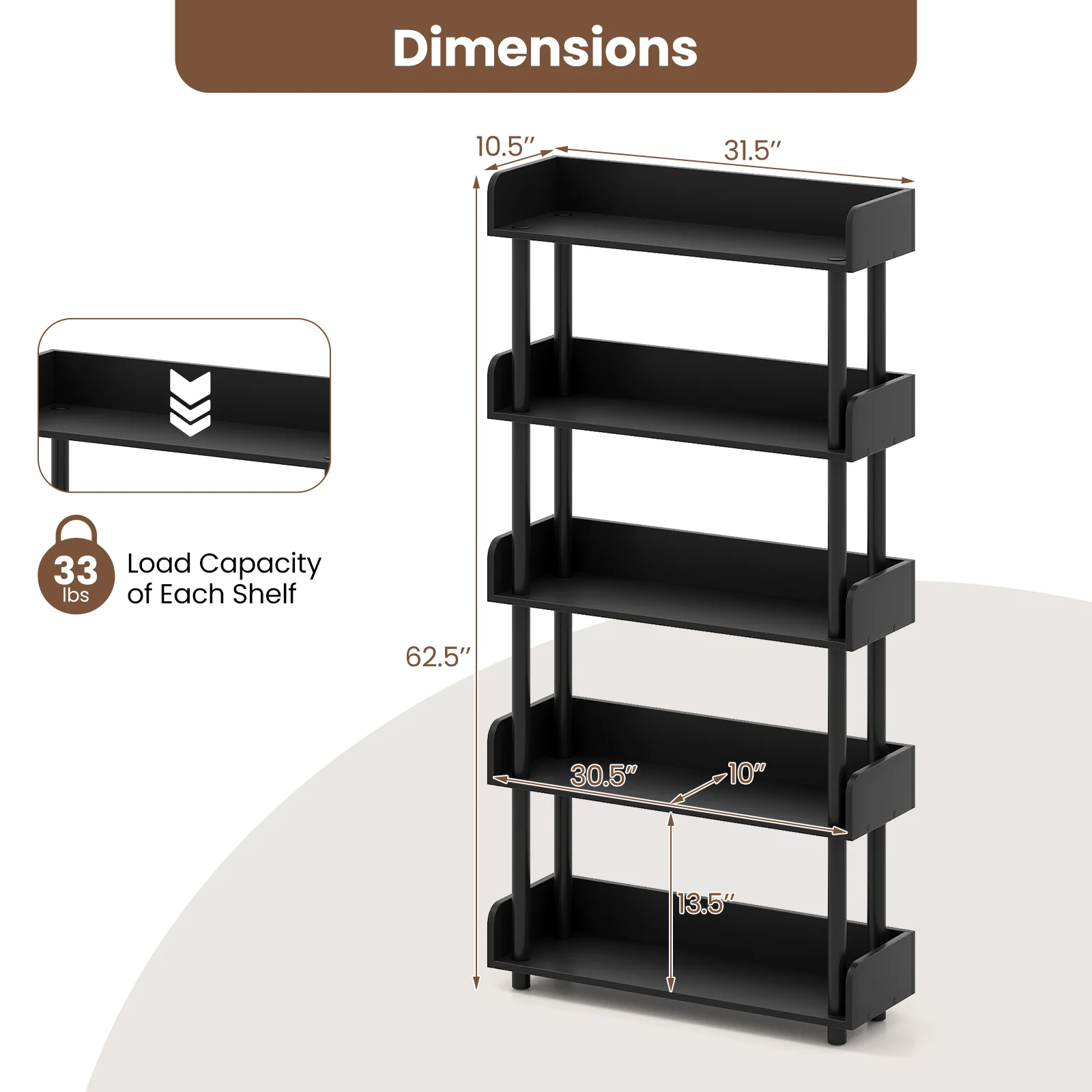 5-Tier Open Bookcase with Industrial Storage, Black - Image 5
