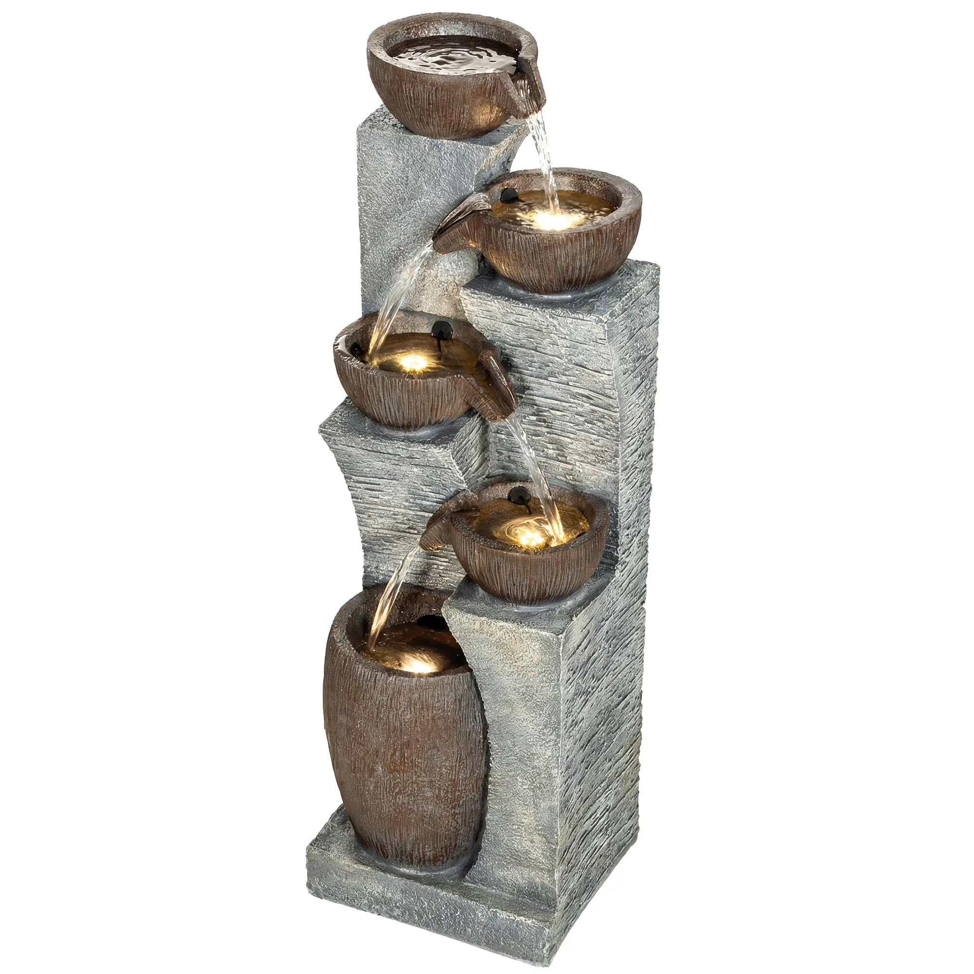5-Tier Outdoor Water Fountain, Cascading Rock Waterfall, Grey Rustic Brown