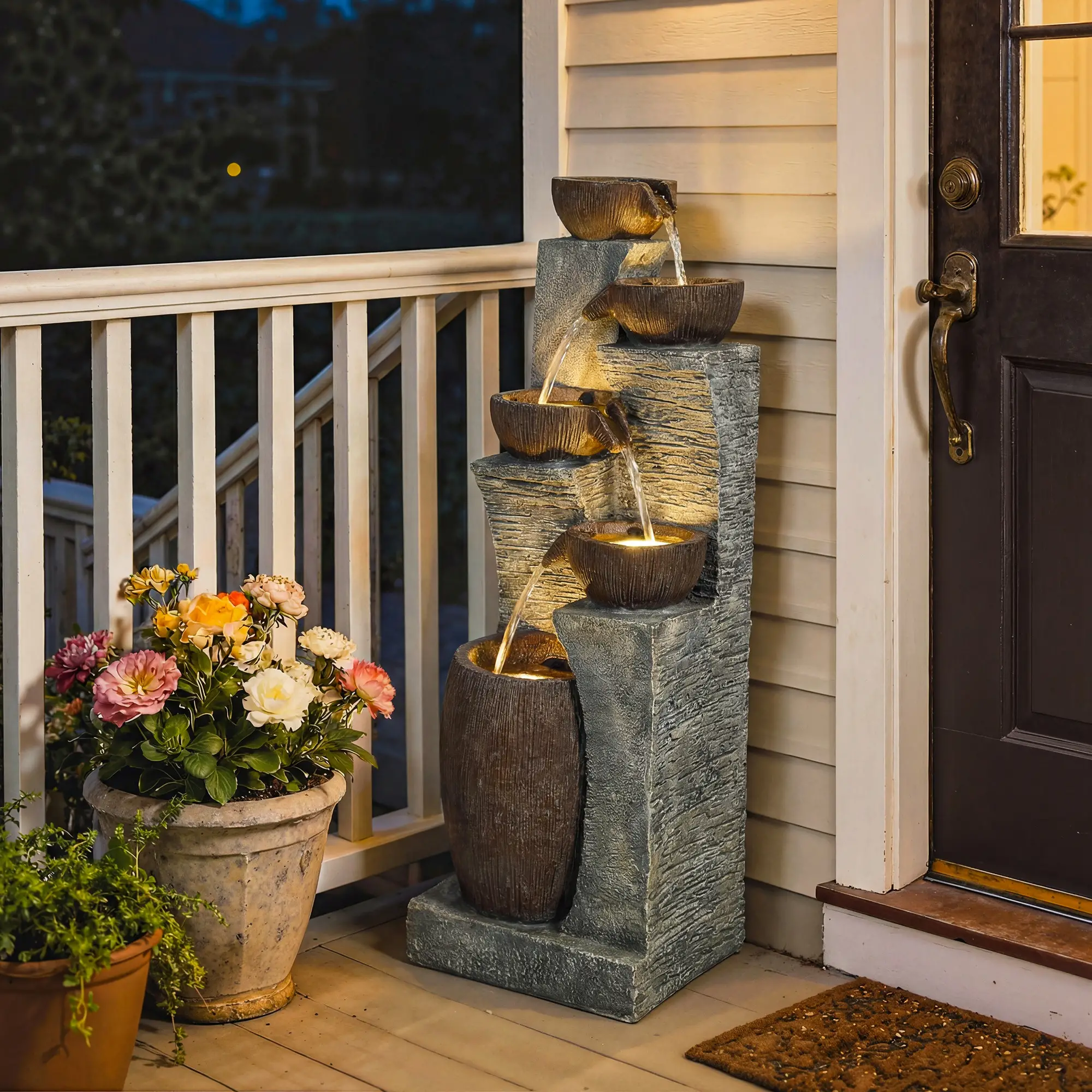 5-Tier Outdoor Water Fountain, Cascading Rock Waterfall, Grey Rustic Brown - Image 10