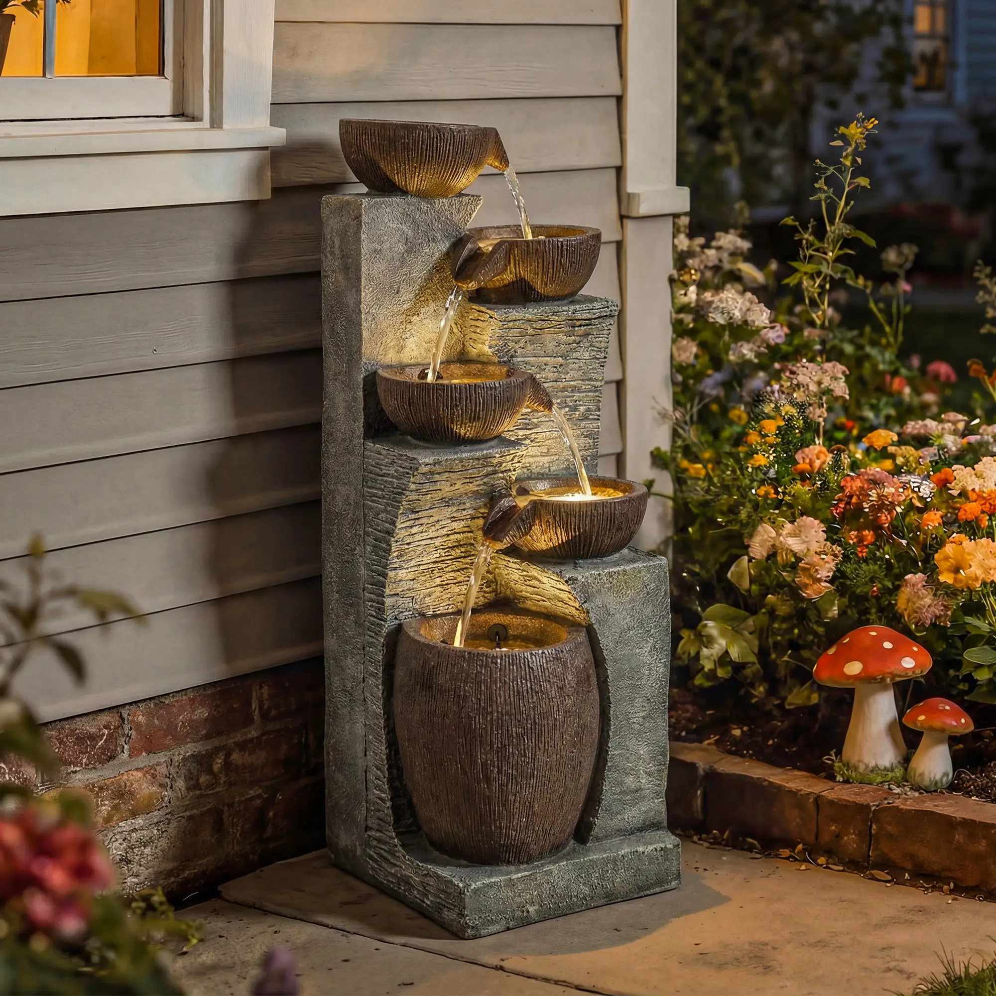 5-Tier Outdoor Water Fountain, Cascading Rock Waterfall, Grey Rustic Brown - Image 2