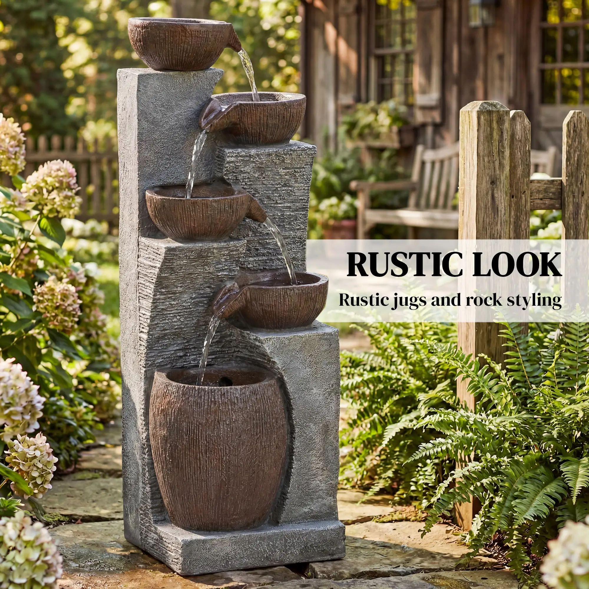 5-Tier Outdoor Water Fountain, Cascading Rock Waterfall, Grey Rustic Brown - Image 4