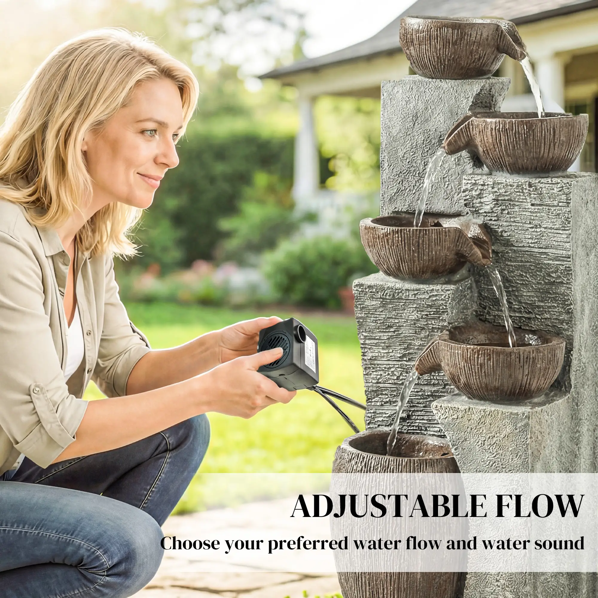 5-Tier Outdoor Water Fountain, Cascading Rock Waterfall, Grey Rustic Brown - Image 6