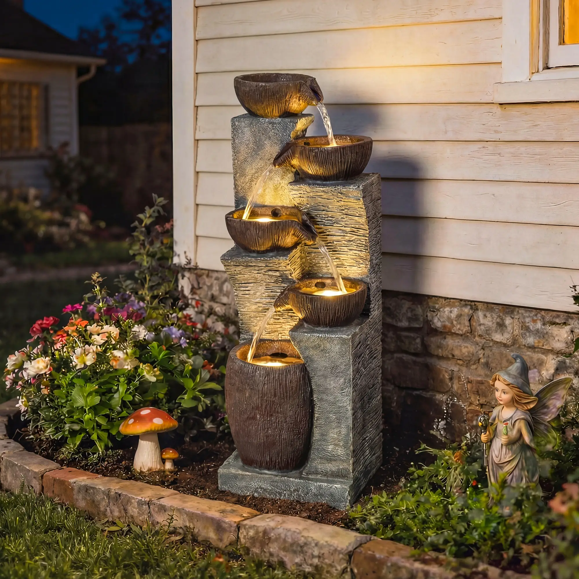 5-Tier Outdoor Water Fountain, Cascading Rock Waterfall, Grey Rustic Brown - Image 8