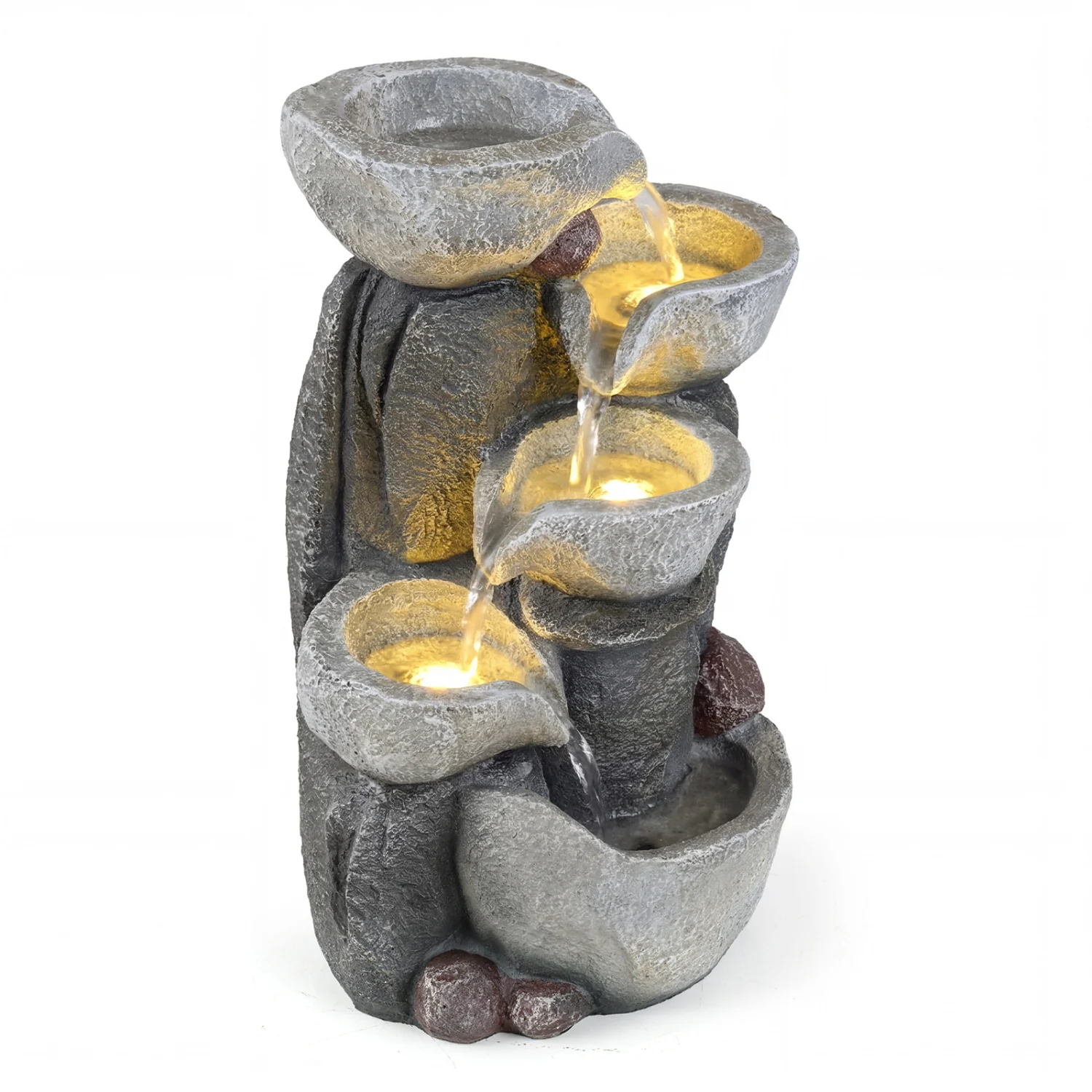 5-Tier Outdoor Water Fountain With LED Lights, 17.5 Inch H, Gray