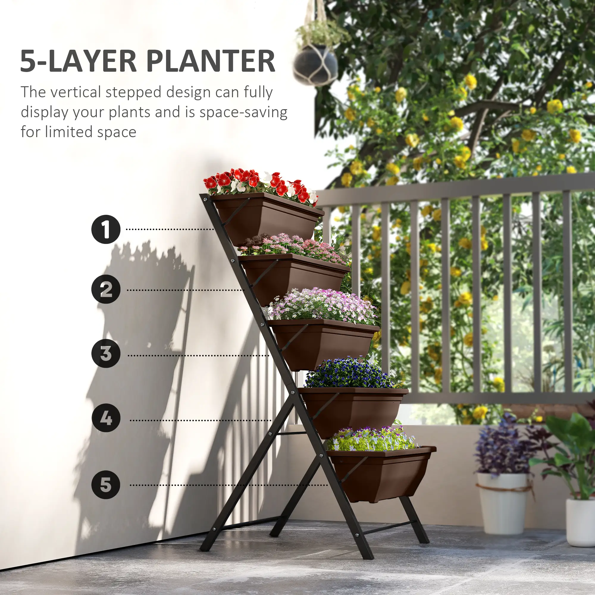 5-Tier Raised Garden Bed, 5 Planter Box, Outdoor Plant Stand, Brown - Image 4