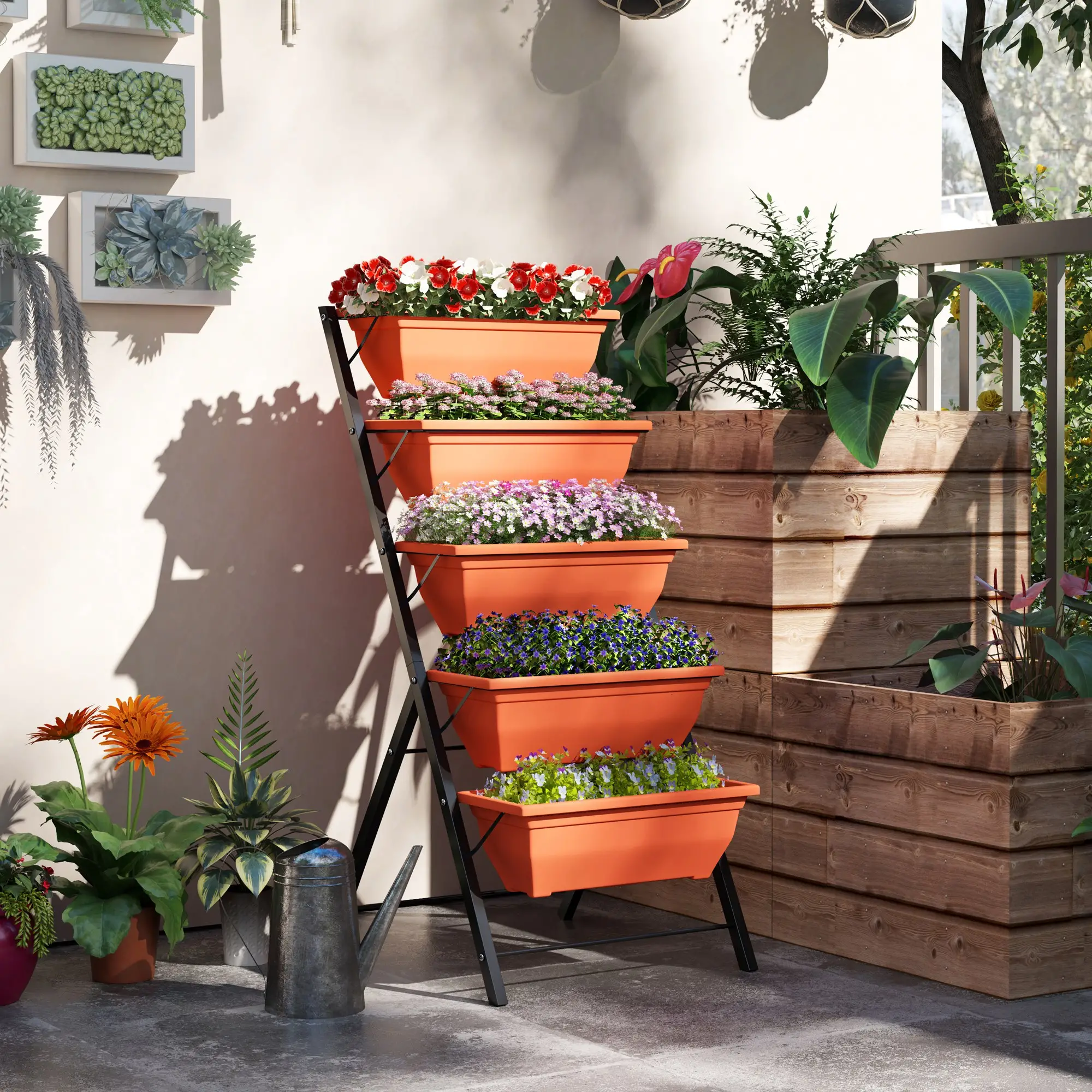 5-Tier Raised Garden Bed, Plant Stand, Flower Pots, Leaking Holes, Red - Image 2