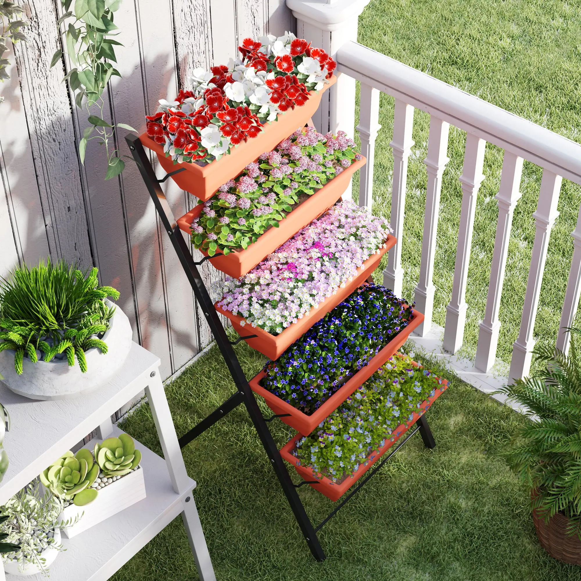 5-Tier Raised Garden Bed, Plant Stand, Flower Pots, Leaking Holes, Red - Image 7
