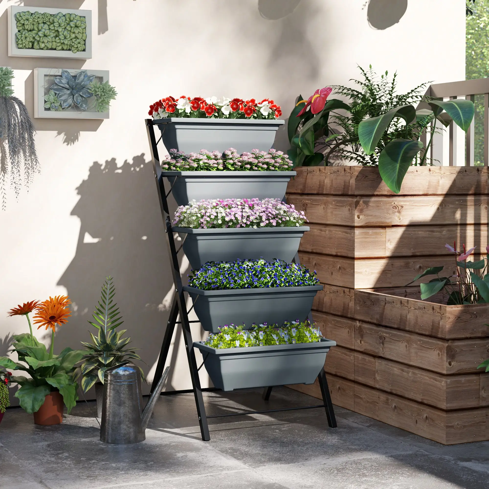 5-Tier Raised Garden Bed, Plant Stand with Leaking Holes, Grey - Image 2