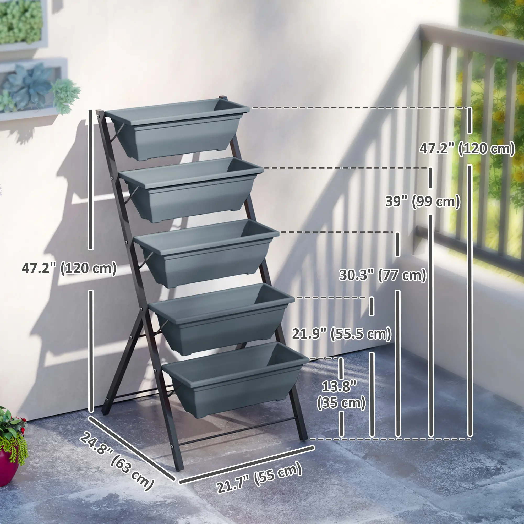 5-Tier Raised Garden Bed, Plant Stand with Leaking Holes, Grey - Image 3