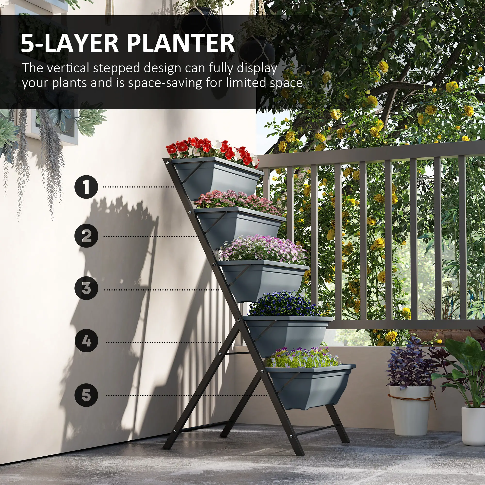 5-Tier Raised Garden Bed, Plant Stand with Leaking Holes, Grey - Image 4