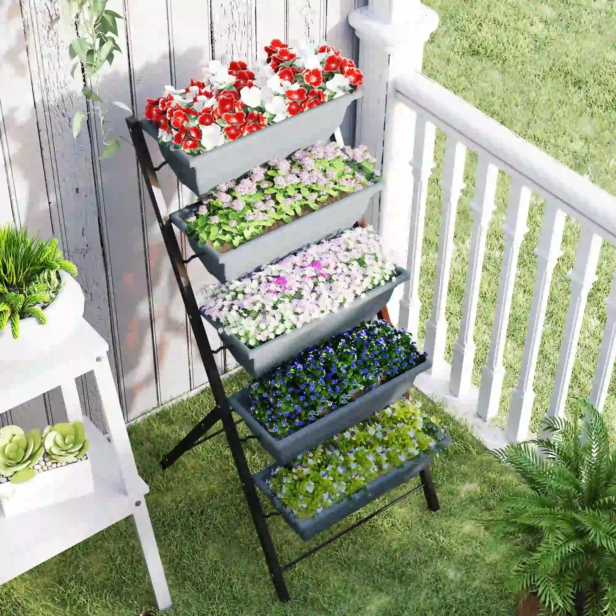 5-Tier Raised Garden Bed, Plant Stand with Leaking Holes, Grey - Image 7