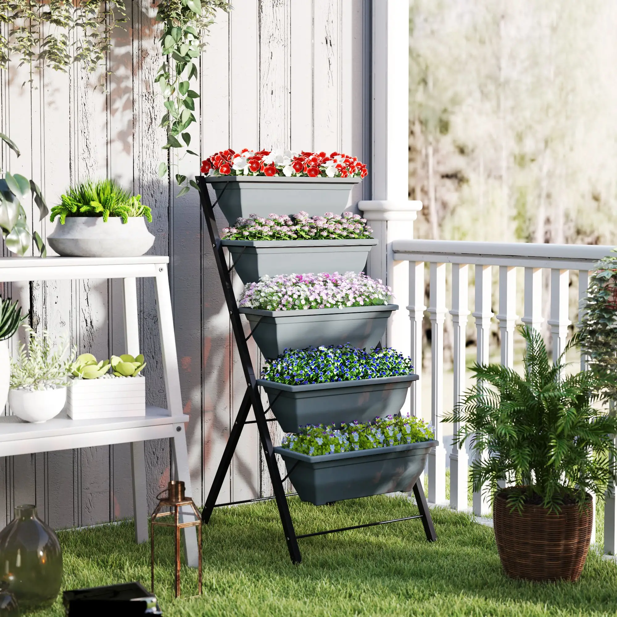 5-Tier Raised Garden Bed, Plant Stand with Leaking Holes, Grey - Image 8