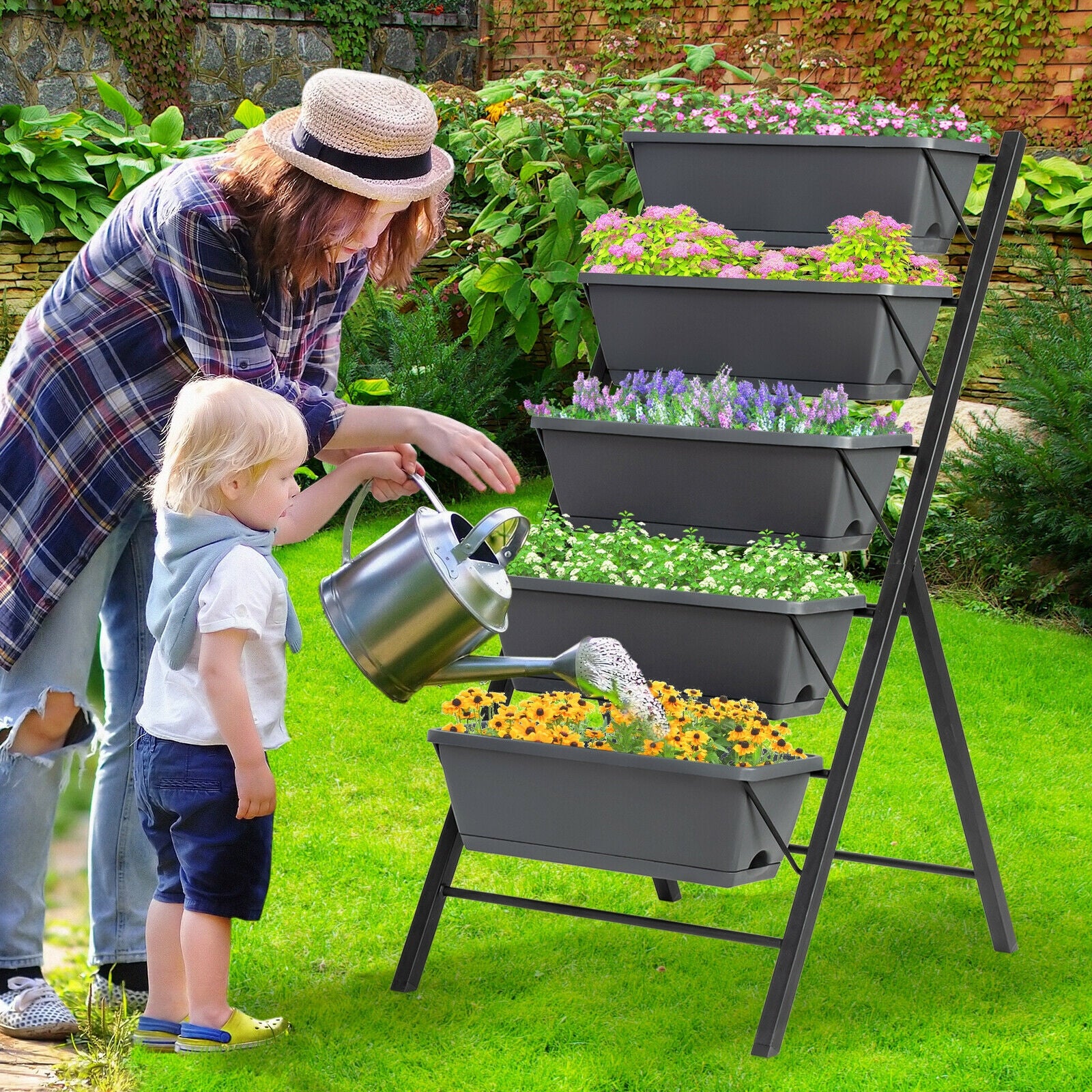 5-Tier Raised Garden Bed, Water Drainage, Flowers Vegetables, Black - Image 2