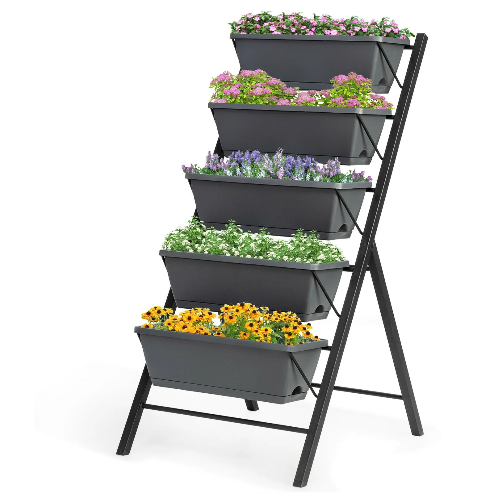 5-Tier Raised Garden Bed, Water Drainage, Flowers Vegetables, Black - Image 4