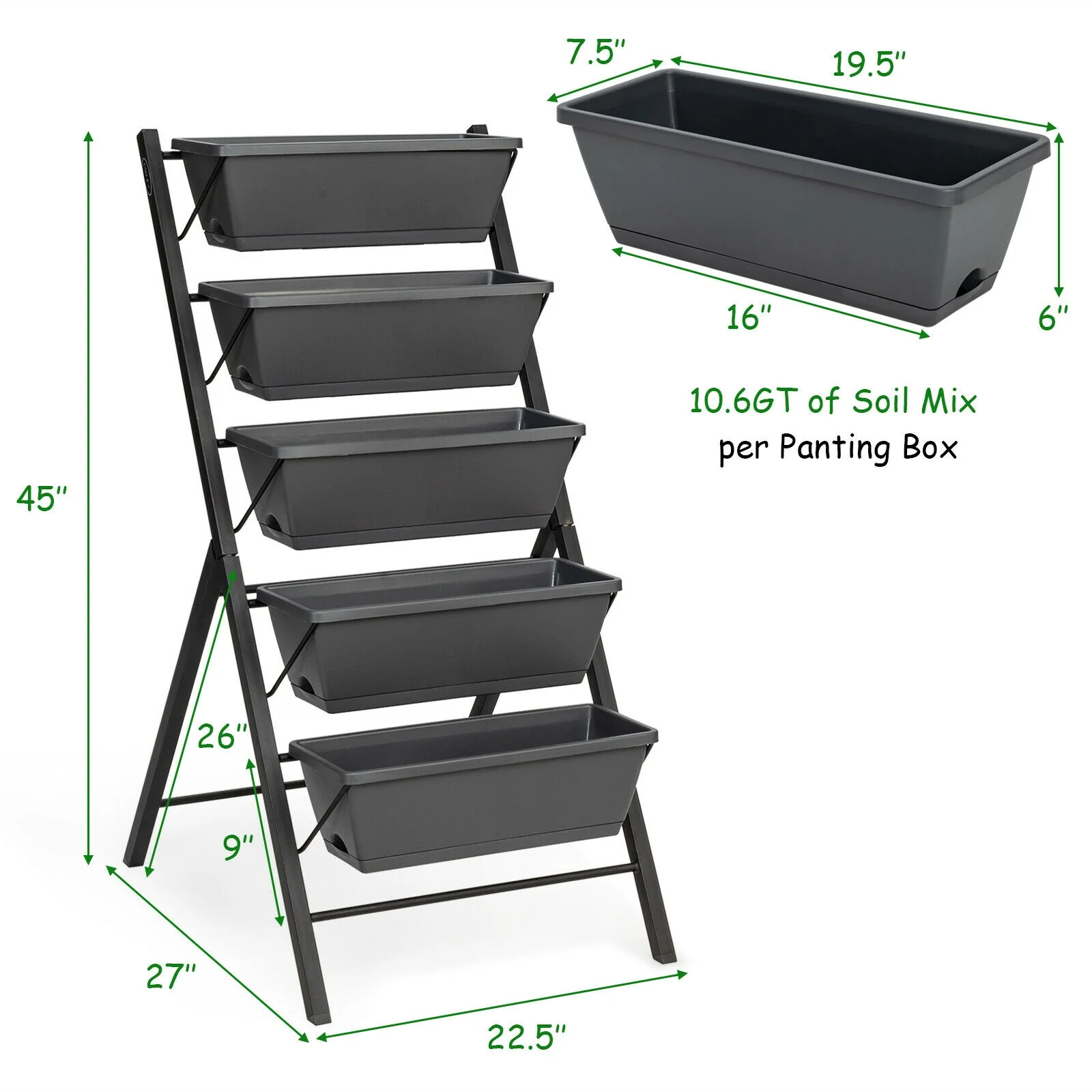 5-Tier Raised Garden Bed, Water Drainage, Flowers Vegetables, Black - Image 6