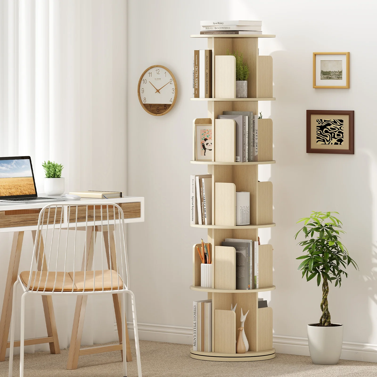 5-Tier Rotating Bookshelf, 360° Display Rack, Natural - Image 3
