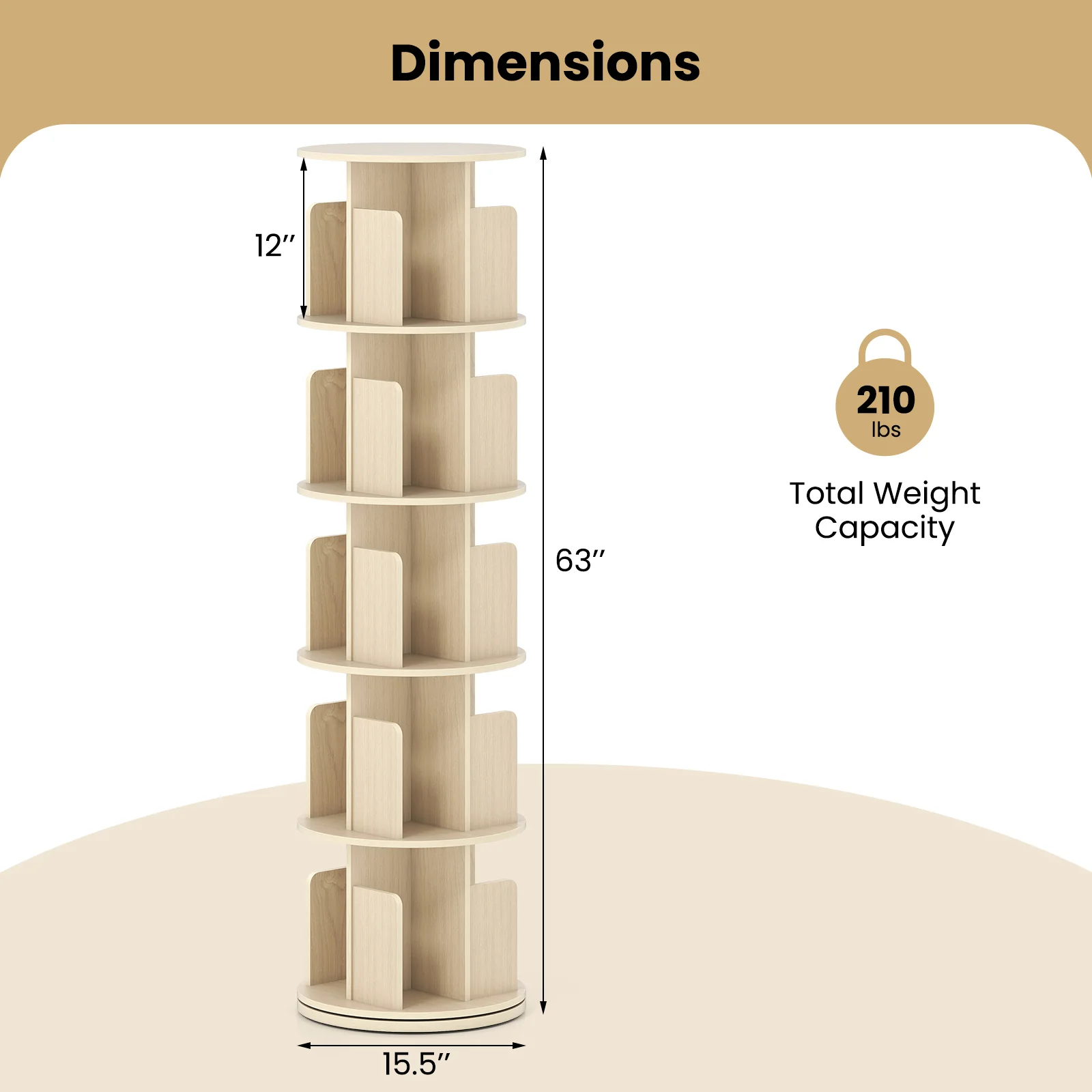 5-Tier Rotating Bookshelf, 360° Display Rack, Natural - Image 6