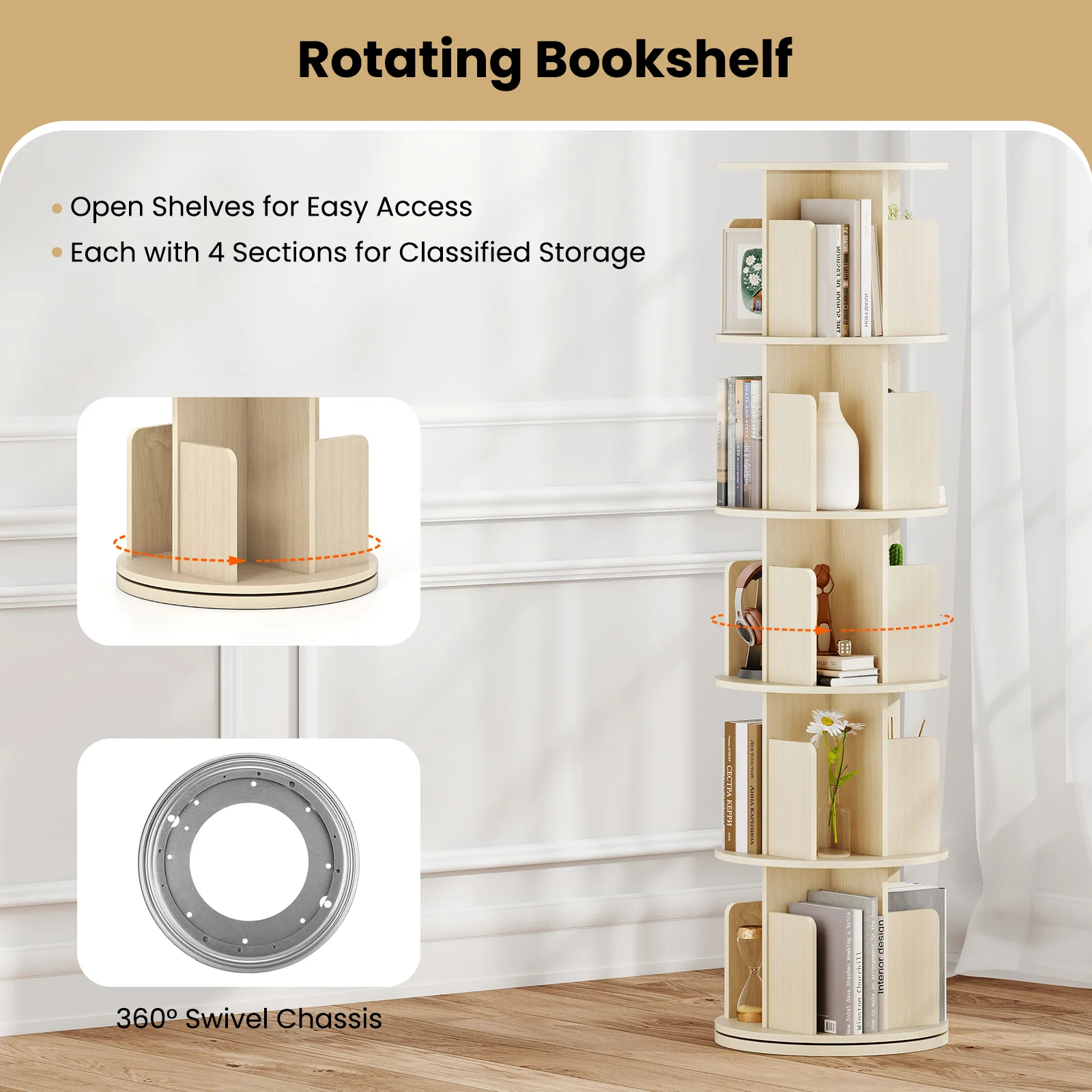 5-Tier Rotating Bookshelf, 360° Display Rack, Natural - Image 7