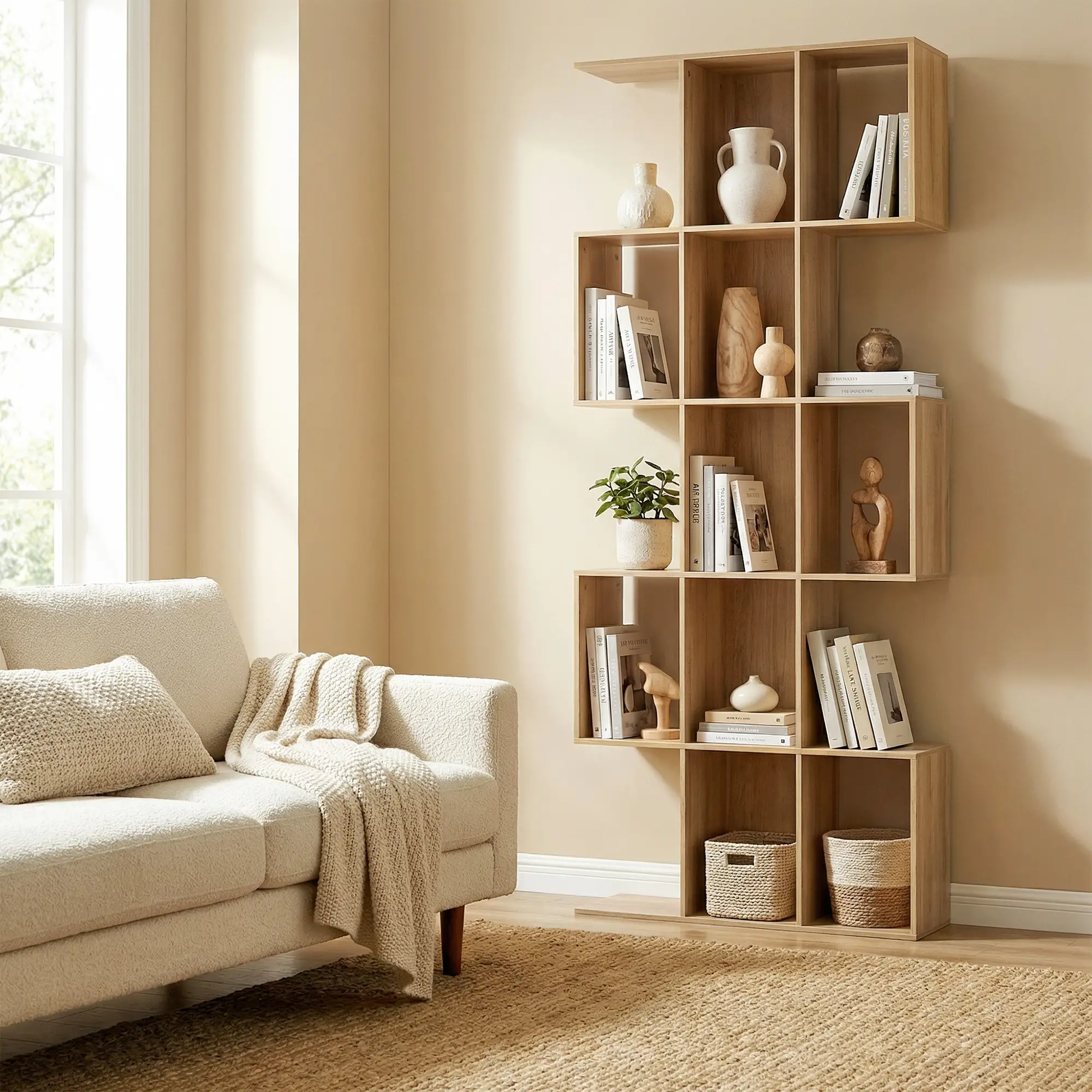 5-Tier S Shaped Geometric Bookcase, 15 Compartments, Oak - Image 10