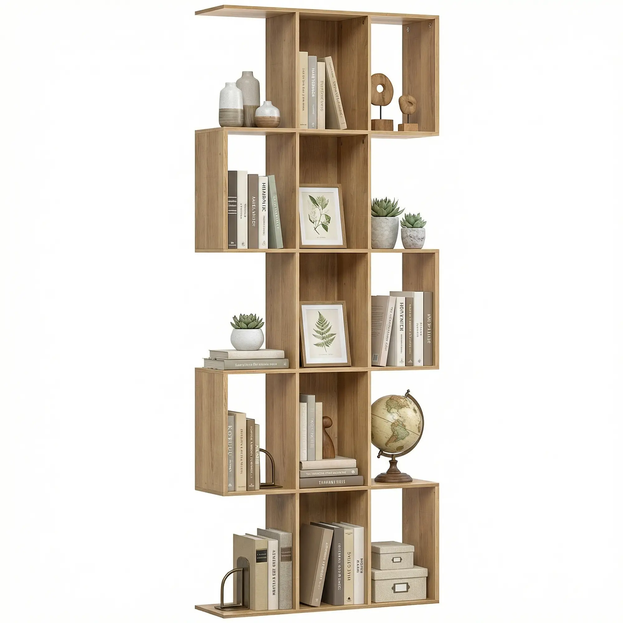 5-Tier S Shaped Geometric Bookcase, 15 Compartments, Oak - Image 11