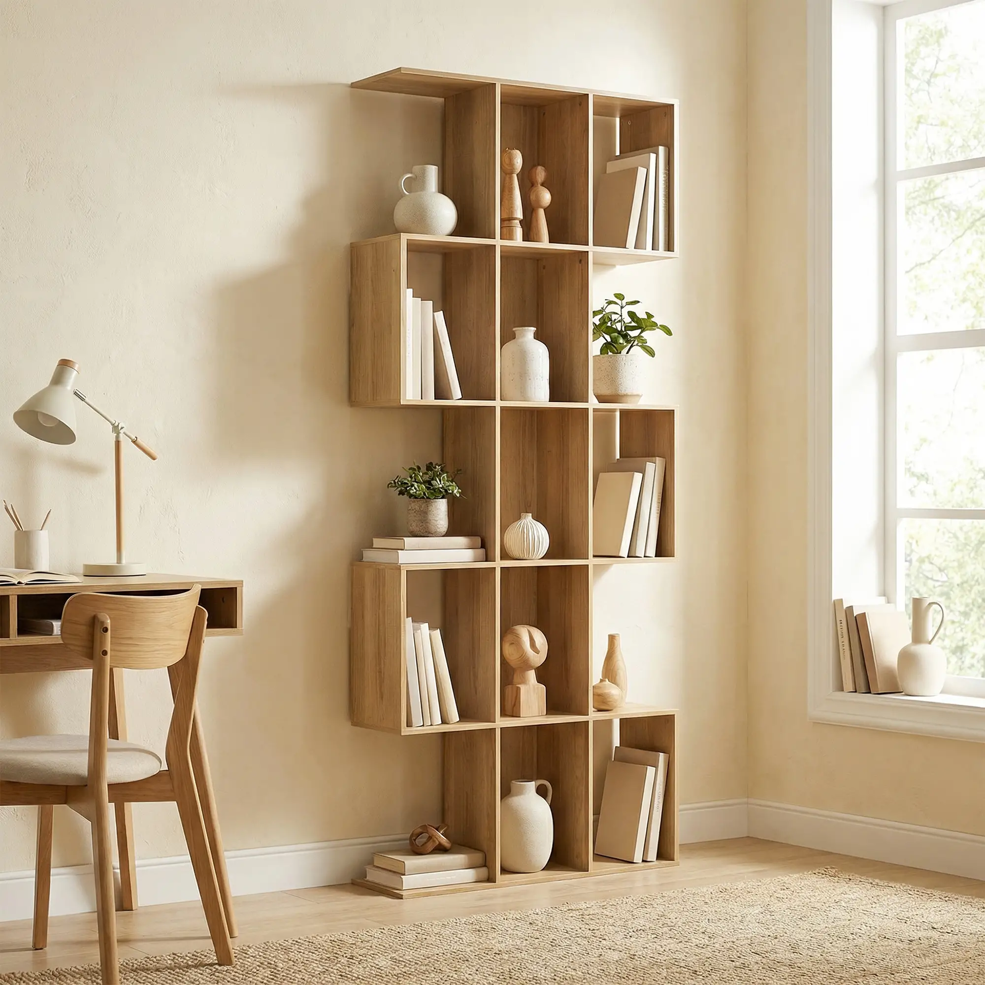 5-Tier S Shaped Geometric Bookcase, 15 Compartments, Oak - Image 8