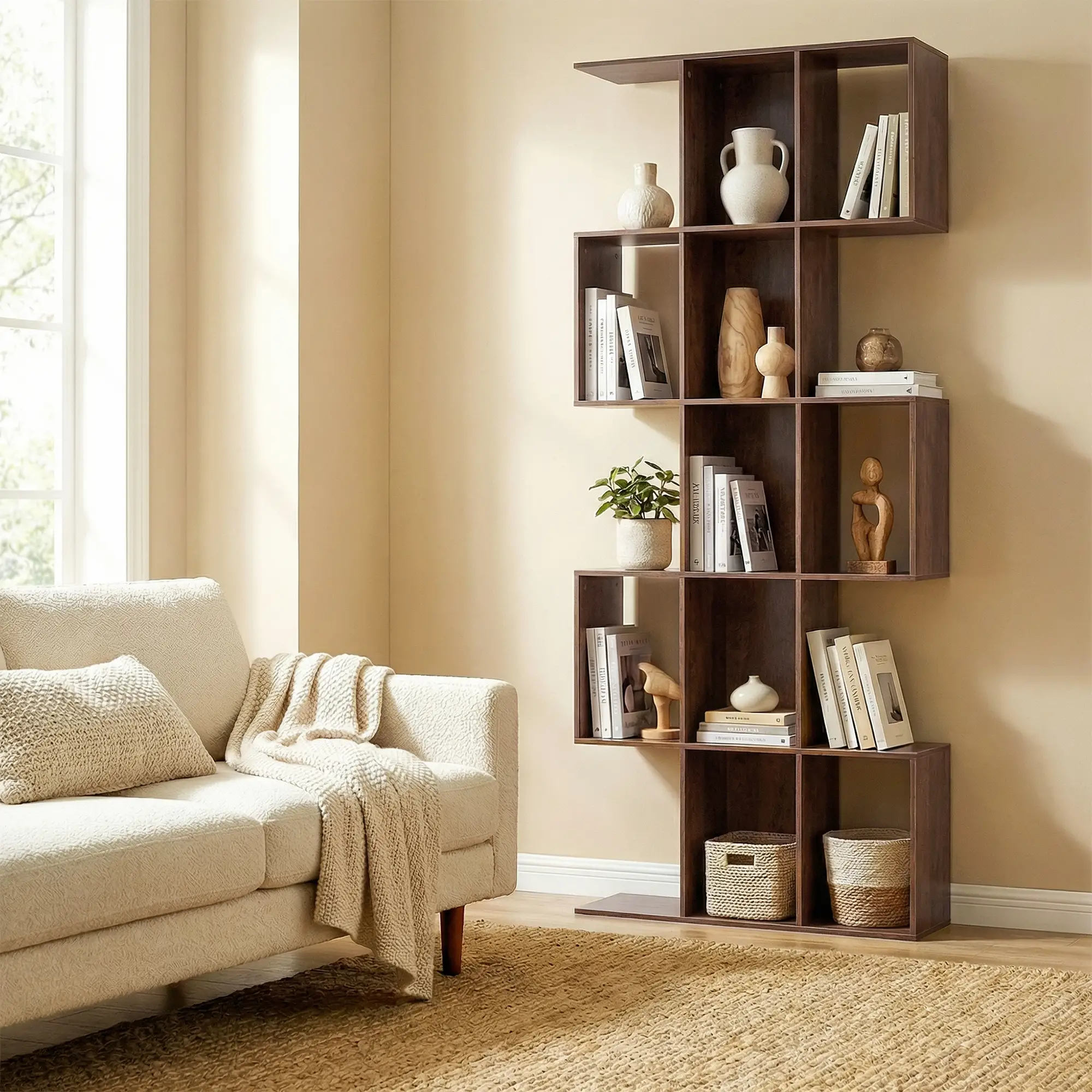 5-Tier S Shaped Geometric Bookshelf, 15 Compartments, Black Wood Grain, Black - Image 10