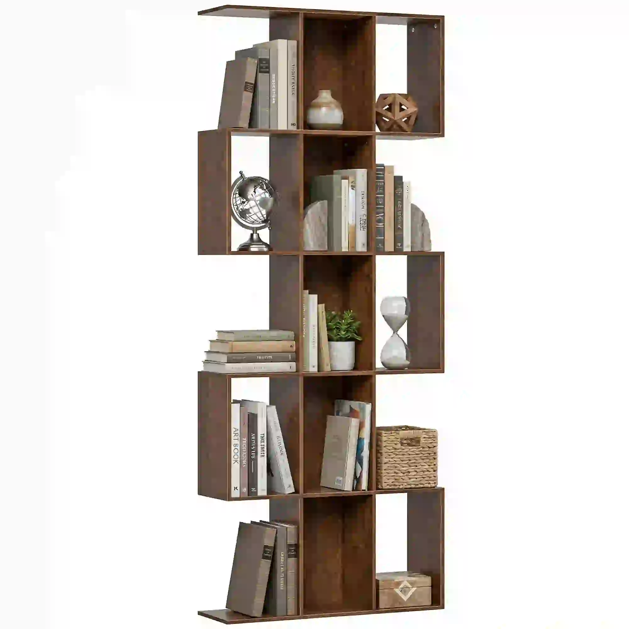 5-Tier S Shaped Geometric Bookshelf, 15 Compartments, Black Wood Grain, Black - Image 11