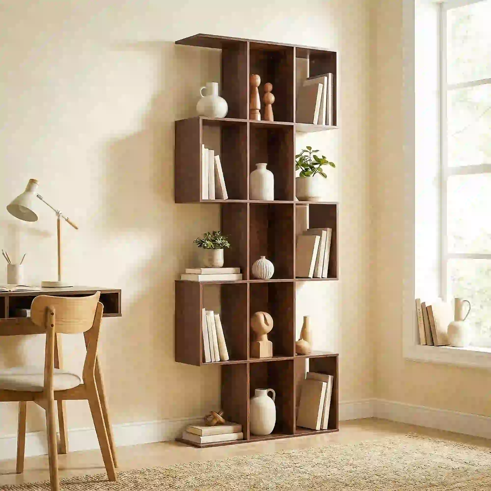 5-Tier S Shaped Geometric Bookshelf, 15 Compartments, Black Wood Grain, Black - Image 8
