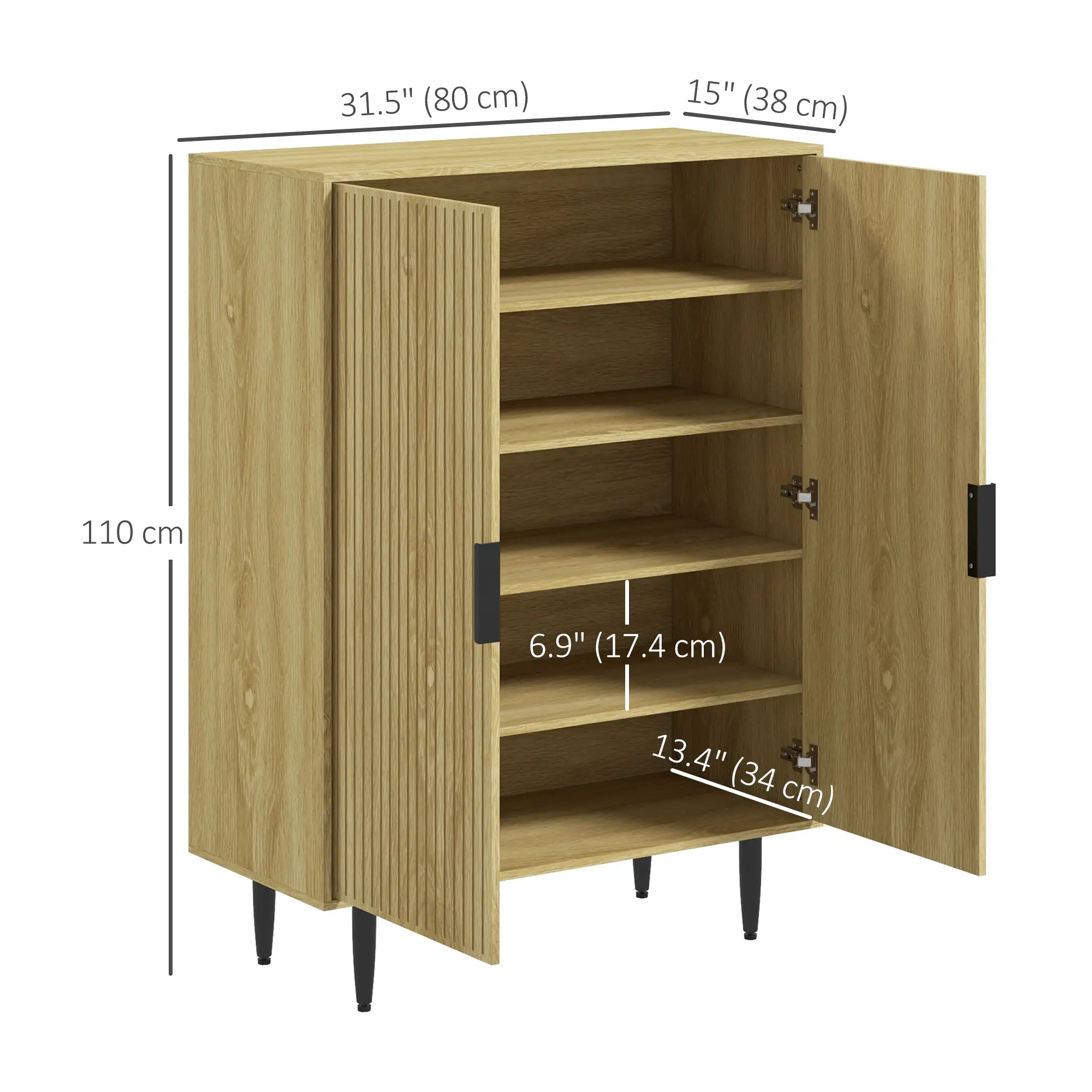 5-Tier Shoe Cabinet, Adjustable Shelves, 15 Pair Storage, Oak - Image 3