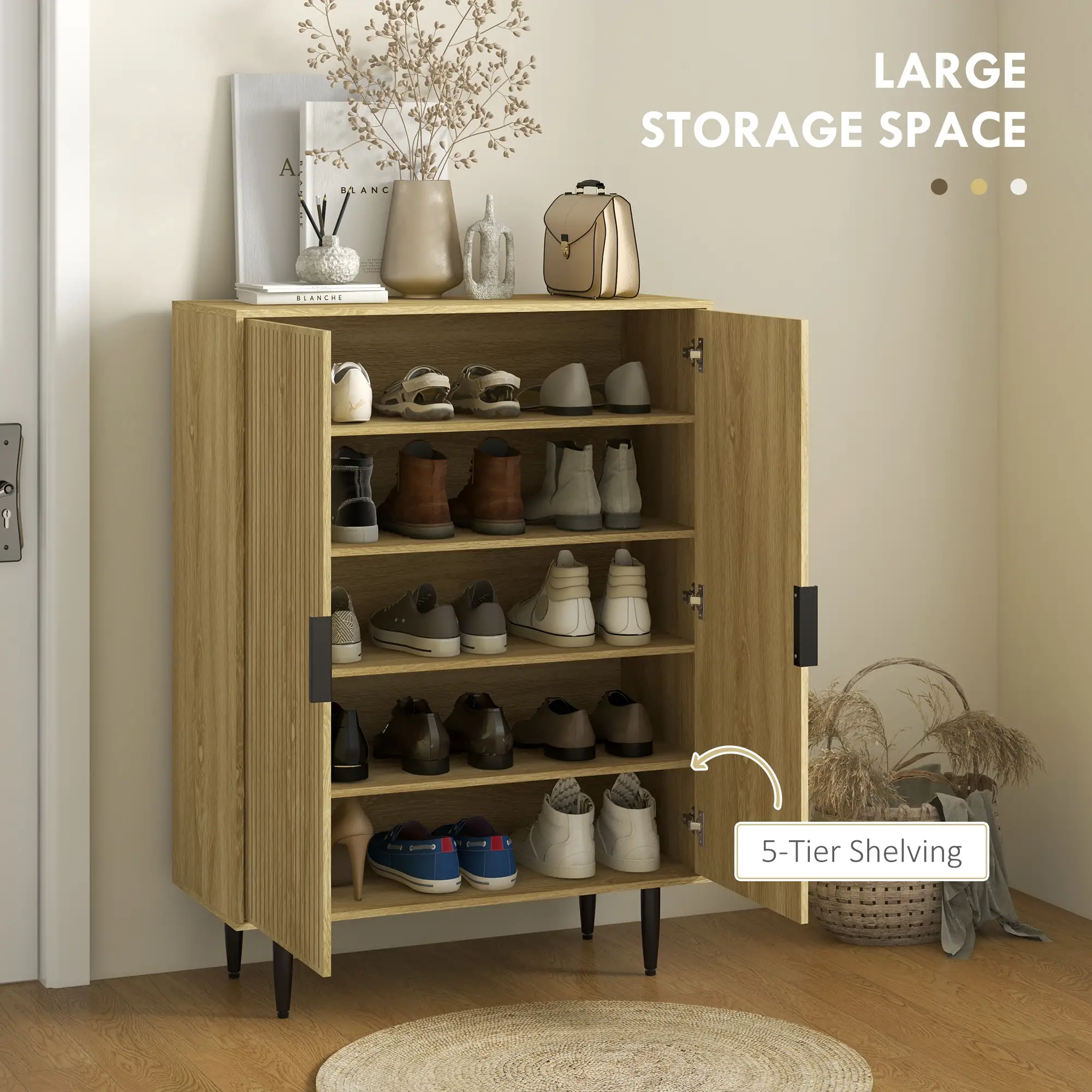 5-Tier Shoe Cabinet, Adjustable Shelves, 15 Pair Storage, Oak - Image 4
