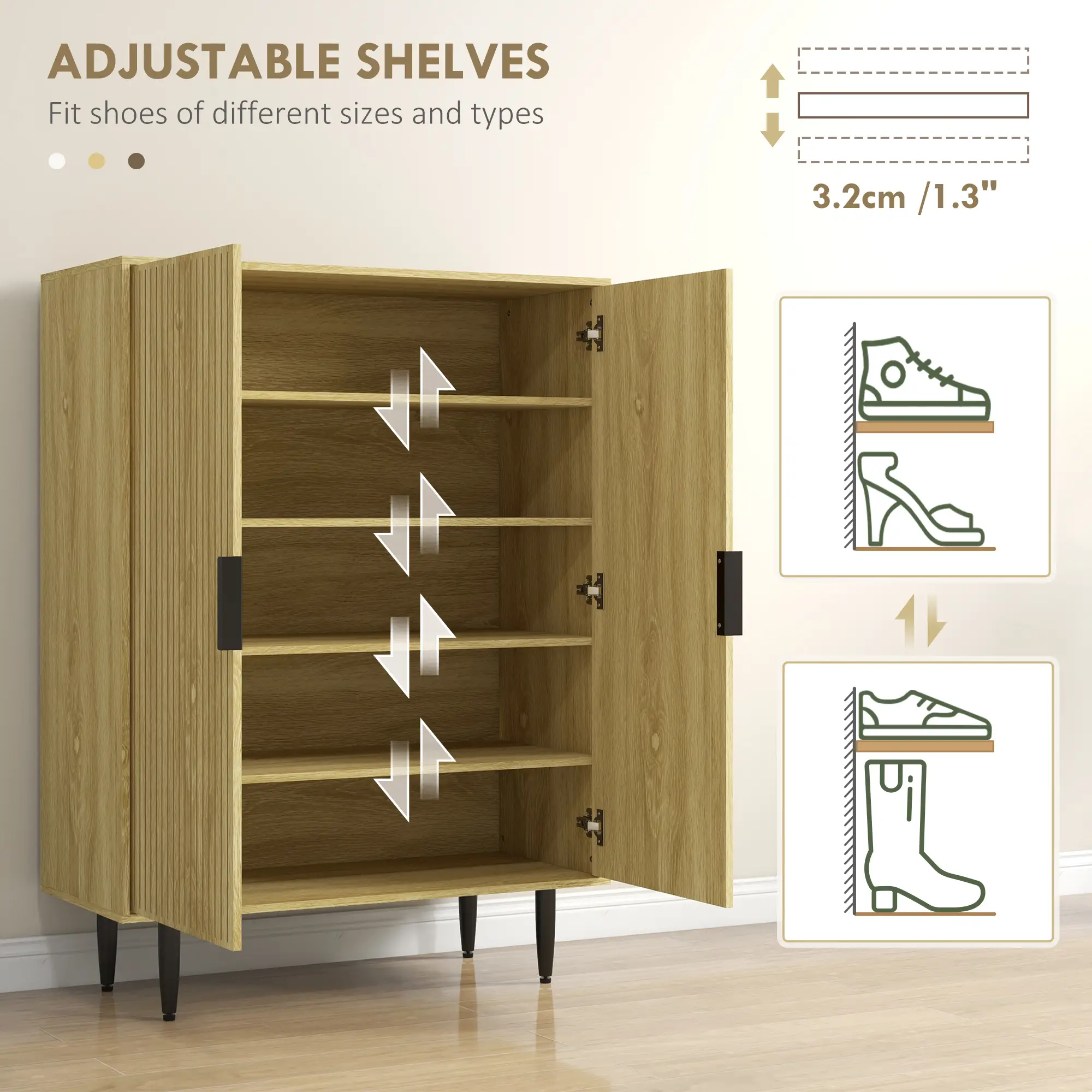 5-Tier Shoe Cabinet, Adjustable Shelves, 15 Pair Storage, Oak - Image 5