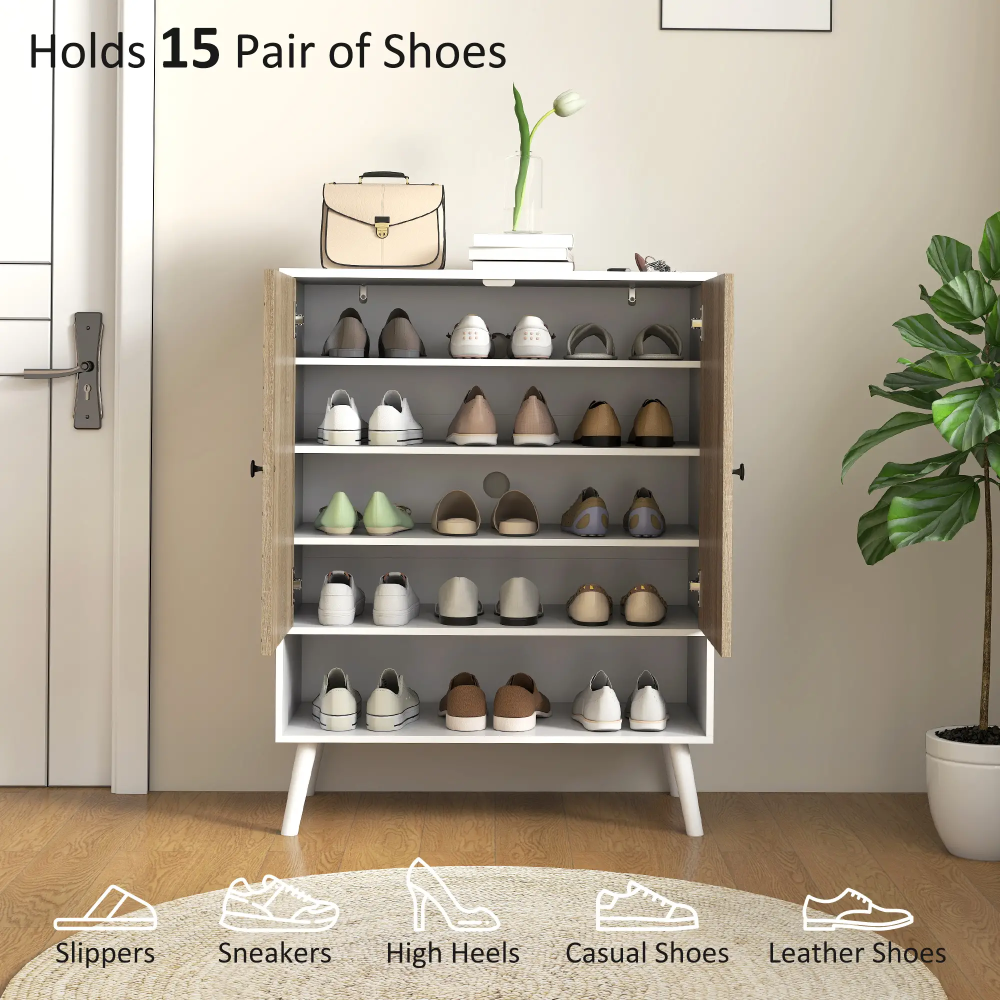 5-Tier Shoe Storage Cabinet With Doors, Adjustable Shelves, 15 Pairs, Natural Tone - Image 4