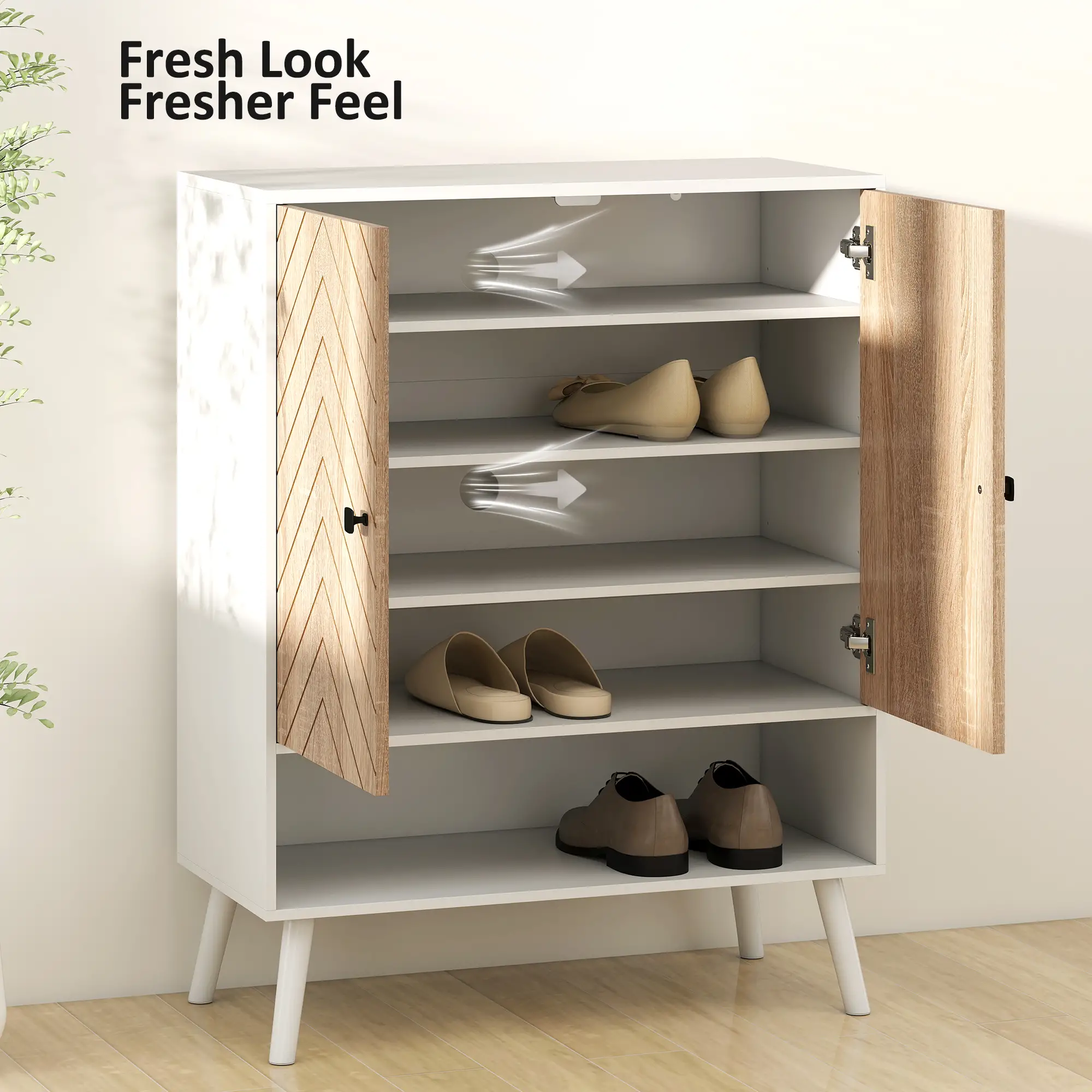 5-Tier Shoe Storage Cabinet With Doors, Adjustable Shelves, 15 Pairs, Natural Tone - Image 6