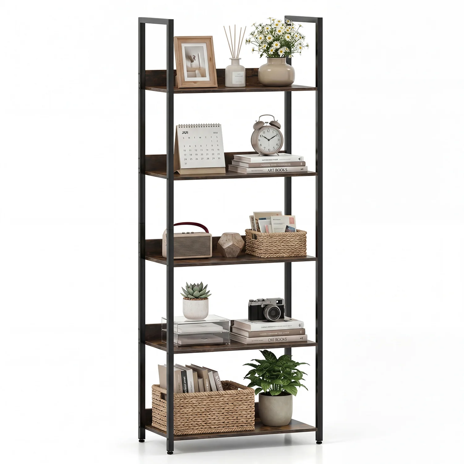 5-Tier Tall Wooden Bookcase with Back Panels, Rustic Brown