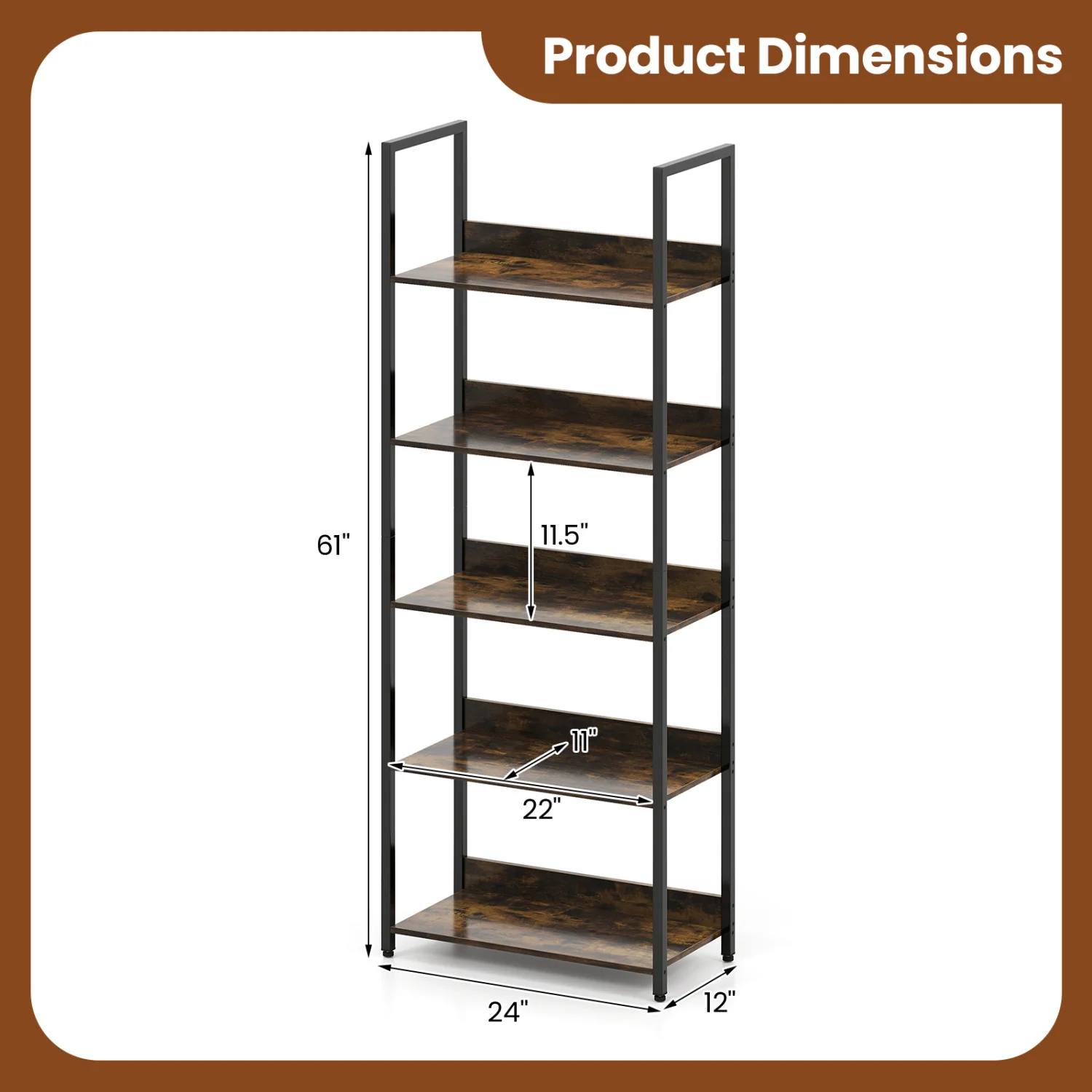 5-Tier Tall Wooden Bookcase with Back Panels, Rustic Brown - Image 5