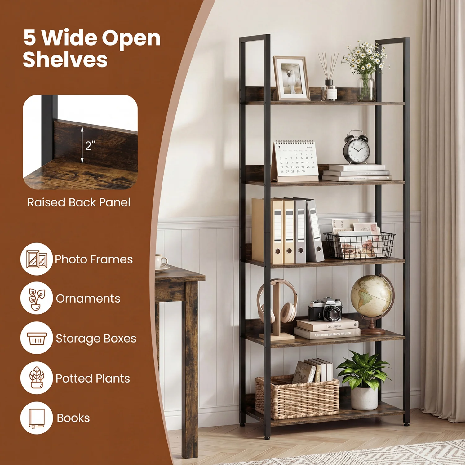 5-Tier Tall Wooden Bookcase with Back Panels, Rustic Brown - Image 7