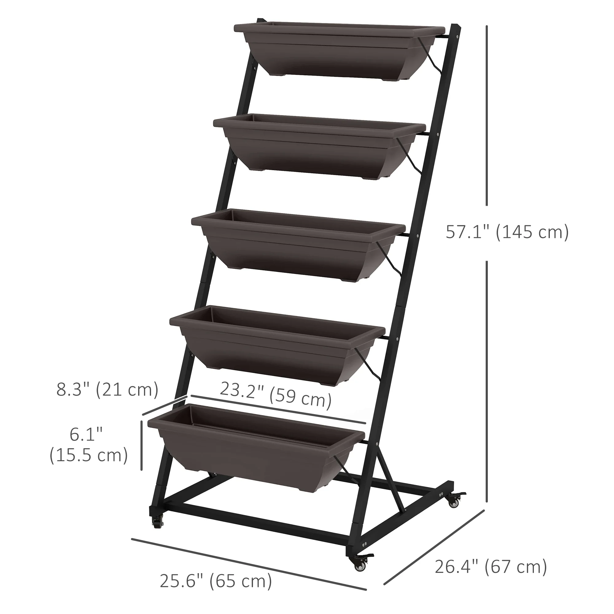 5-Tier Vertical Garden Planter, 5 Boxes, Wheels, Outdoor, Brown - Image 3