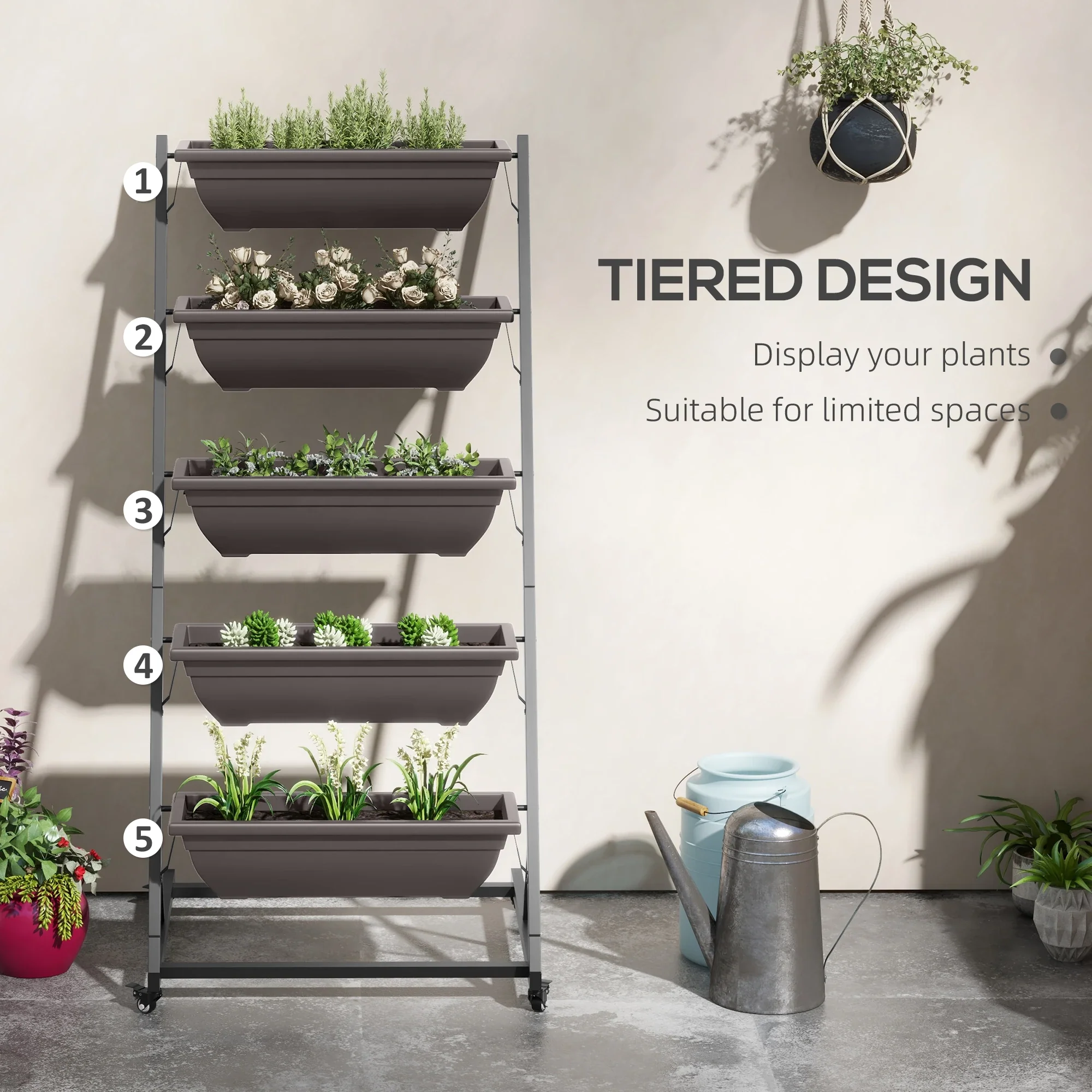 5-Tier Vertical Garden Planter, 5 Boxes, Wheels, Outdoor, Brown - Image 4